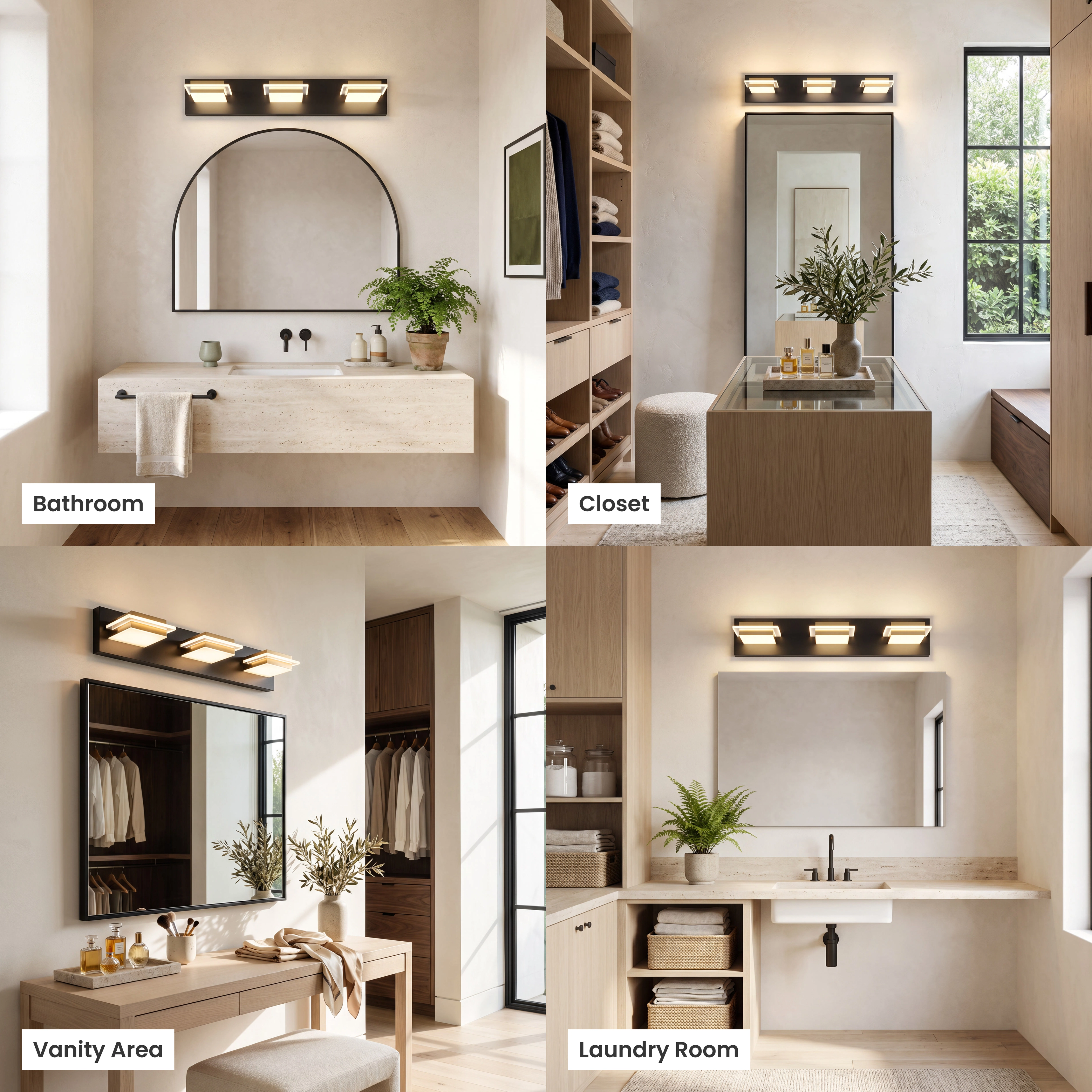 Willow black-and-gold vanity light with cube shades shown over vanity, laundry, bathroom and powder room mirrors