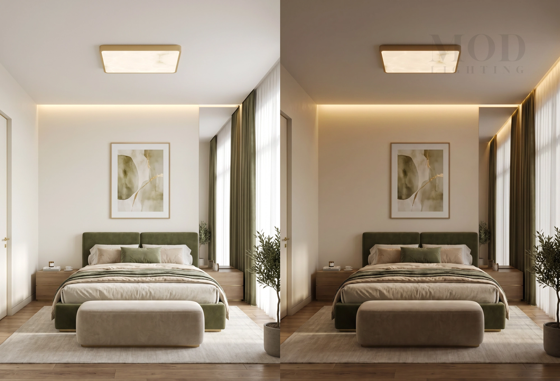 Bedroom at two brightness settings