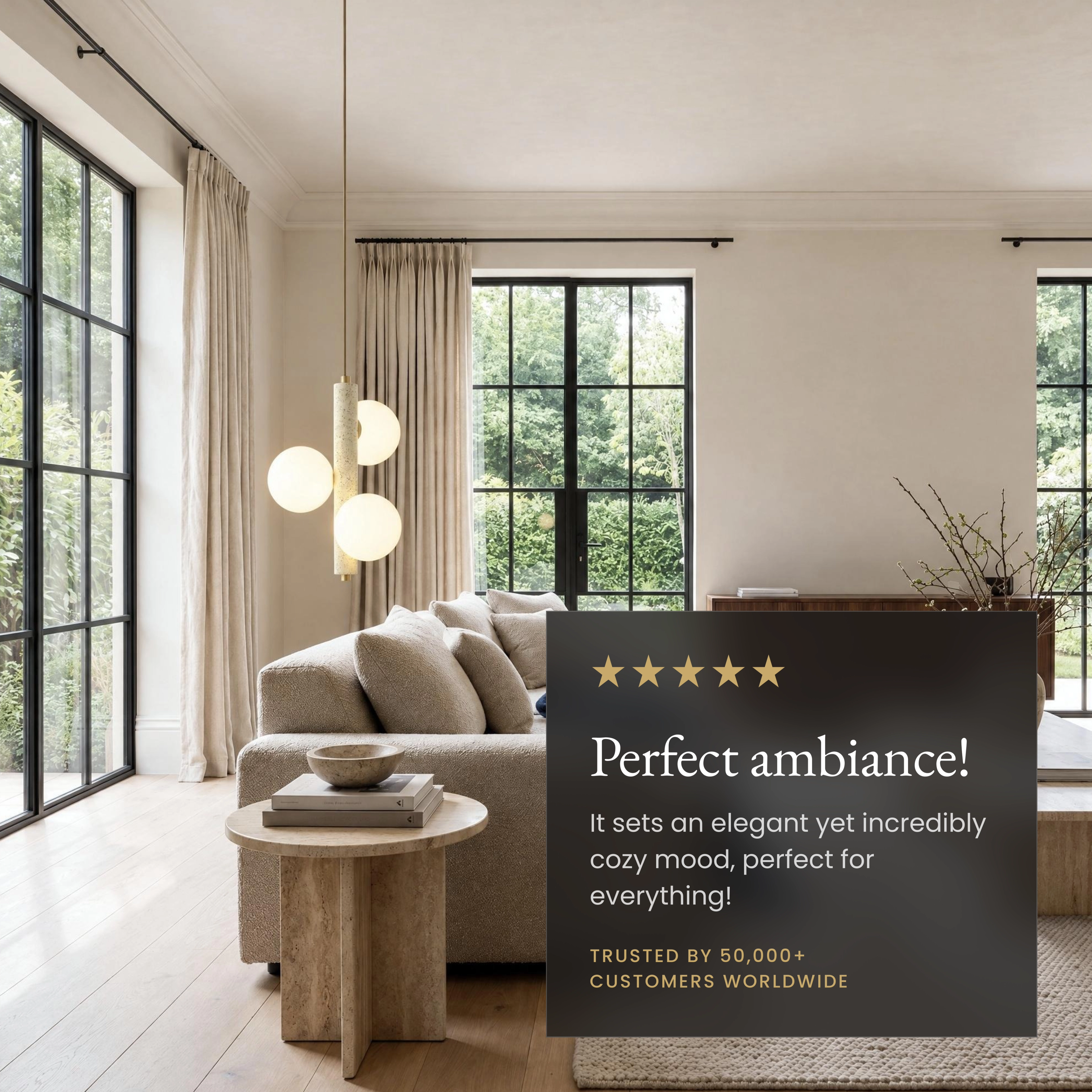Arabella Pendant travertine stone light, brass rod with three opal-glass orbs by a bed, with feature callouts
