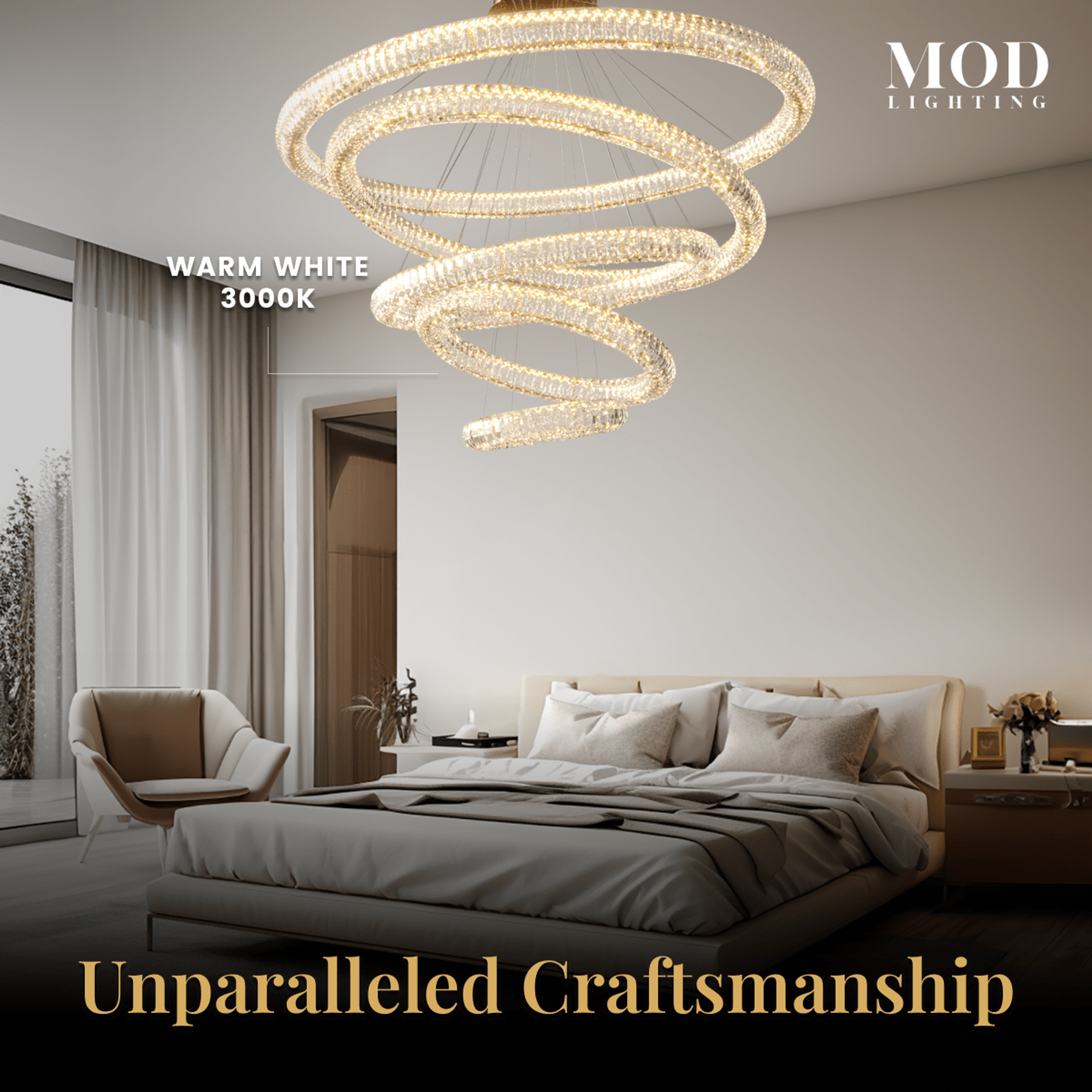 Arina gold three-ring crystal chandelier glowing warm white over a bed in a modern bedroom