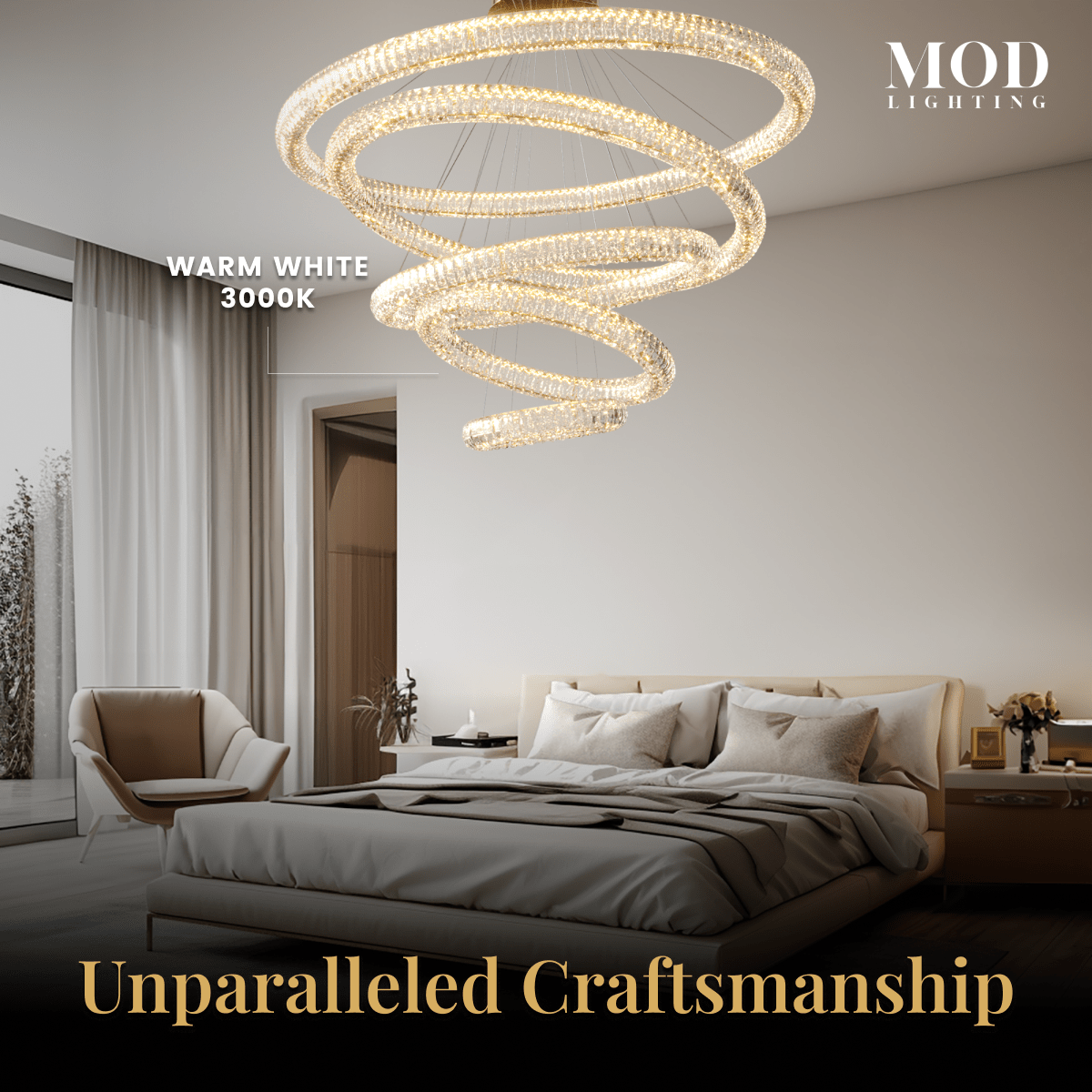 Arina gold three-ring crystal chandelier glowing warm white over a bed in a modern bedroom