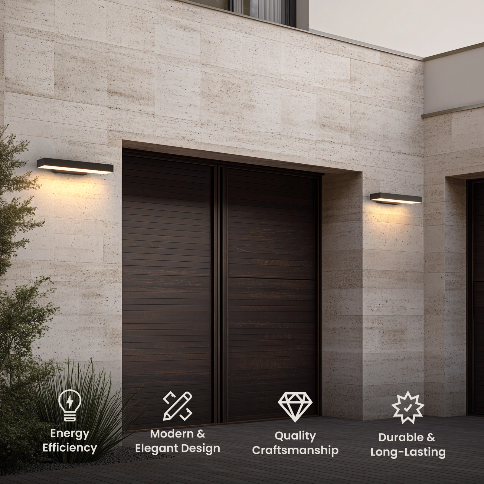 Brook, black horizontal outdoor wall sconces mounted on a beige stone exterior wall