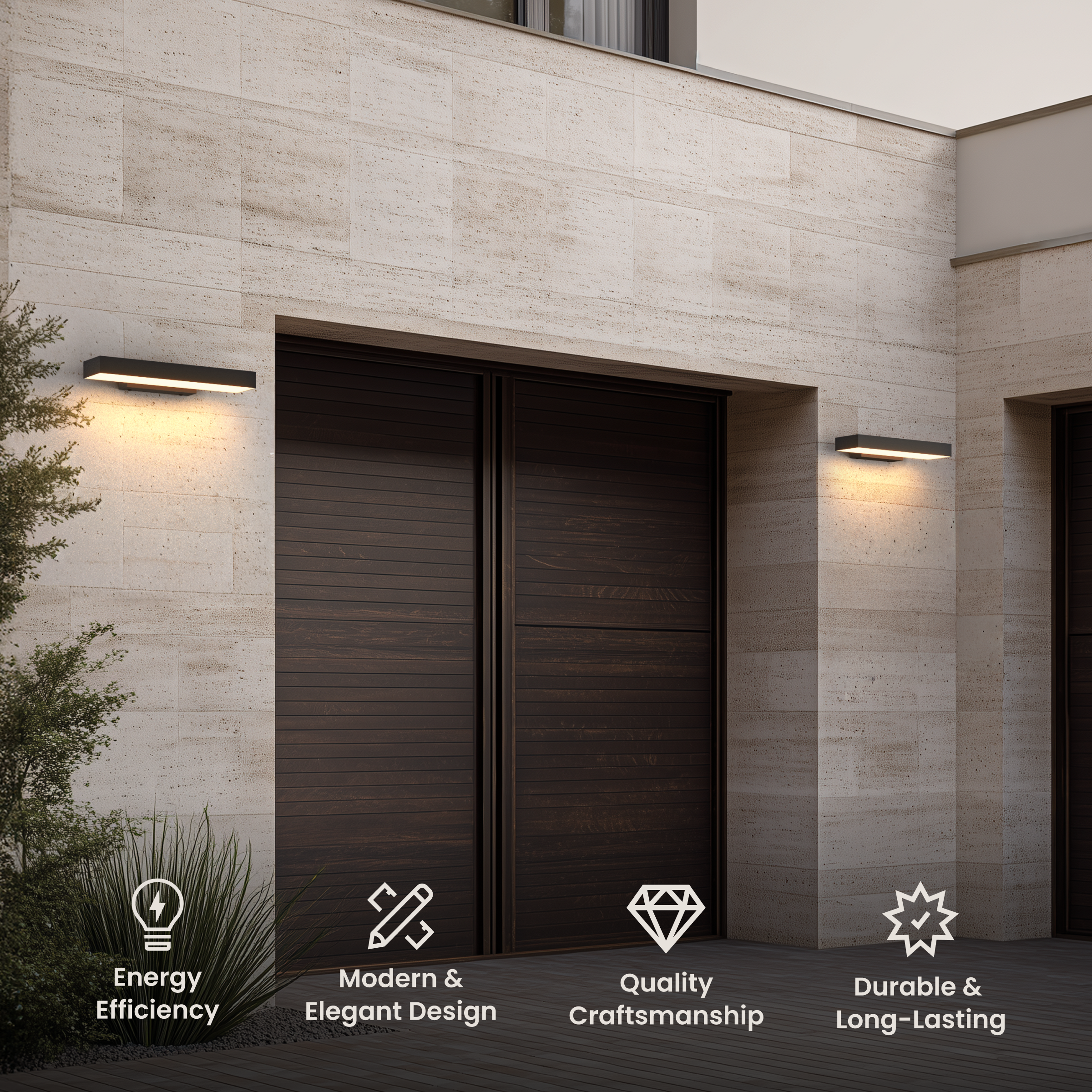 Brook, black horizontal outdoor wall sconces mounted on a beige stone exterior wall