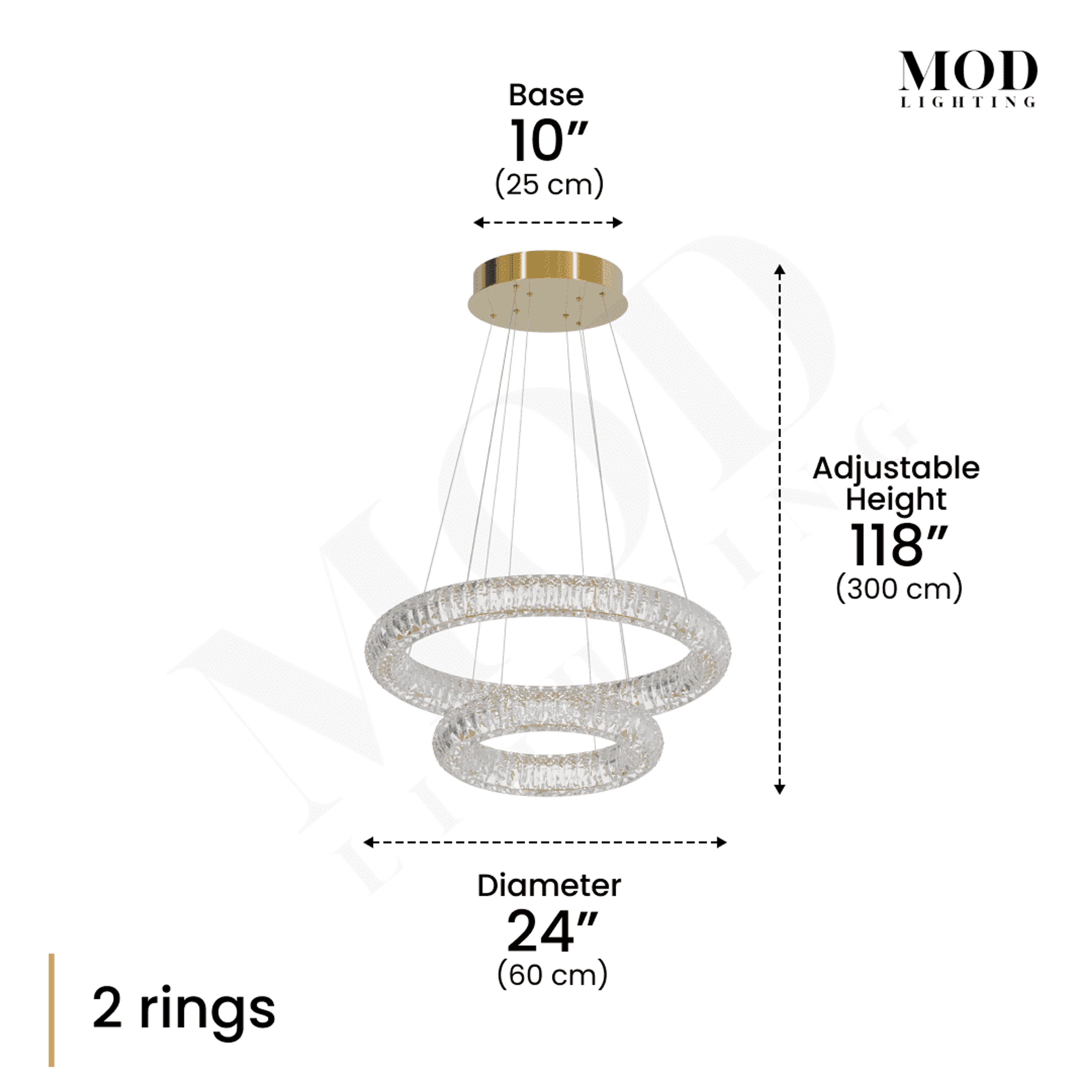 Arina gold two-ring crystal chandelier dimension diagram, 24in diameter, adjustable 118in drop