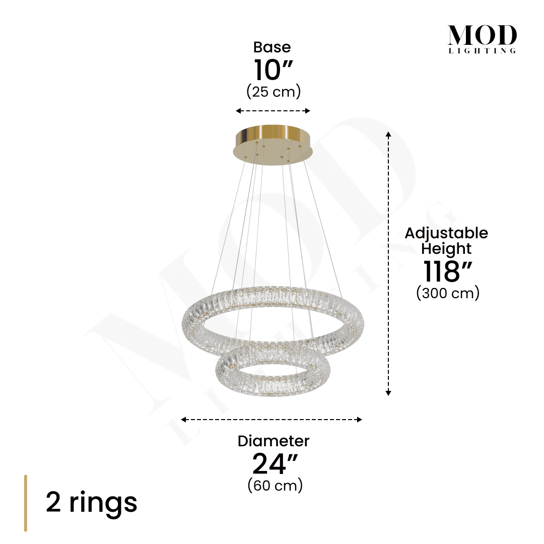 Arina gold two-ring crystal chandelier dimension diagram, 24in diameter, adjustable 118in drop