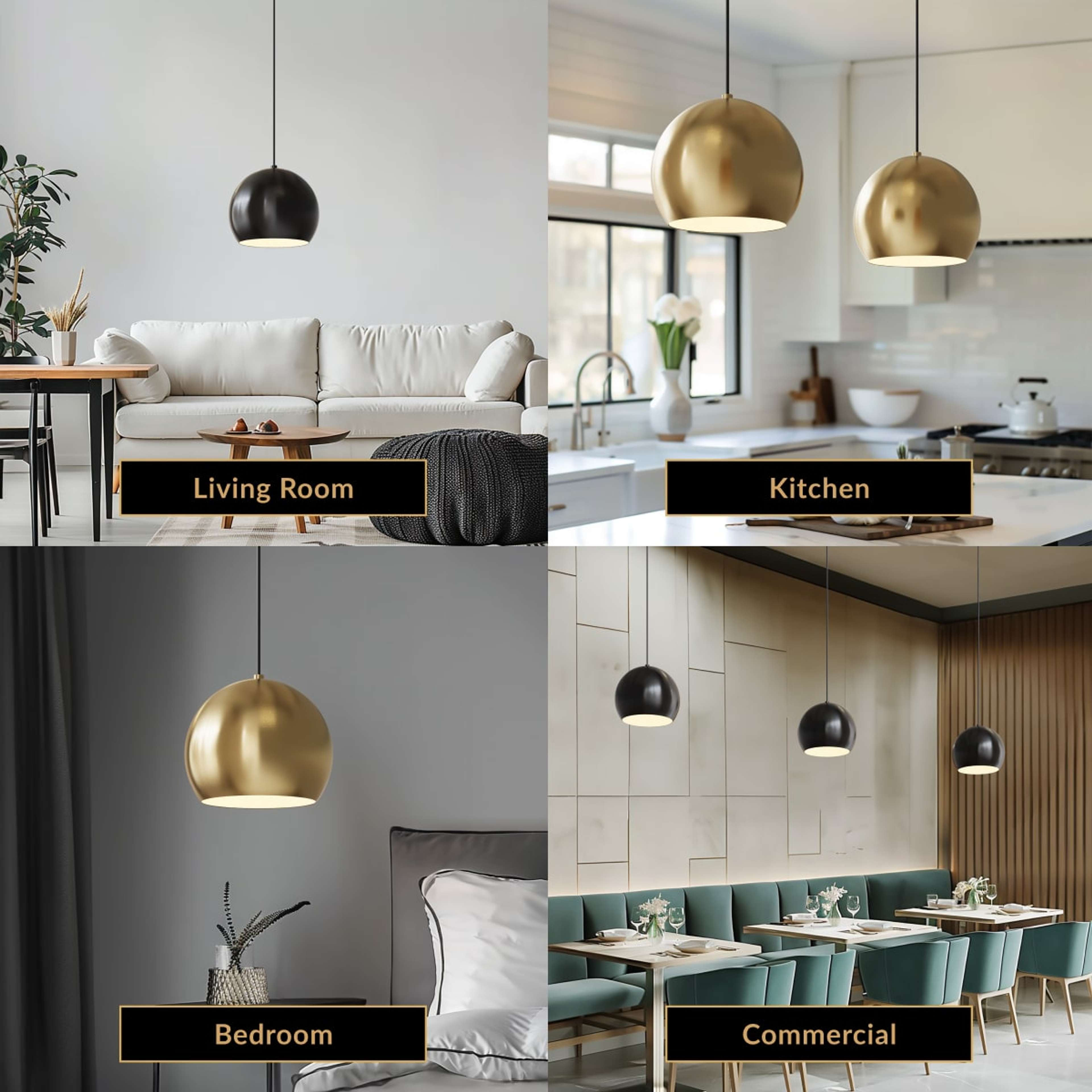Avery black and gold sphere pendants shown in living room, kitchen, bedroom and commercial settings
