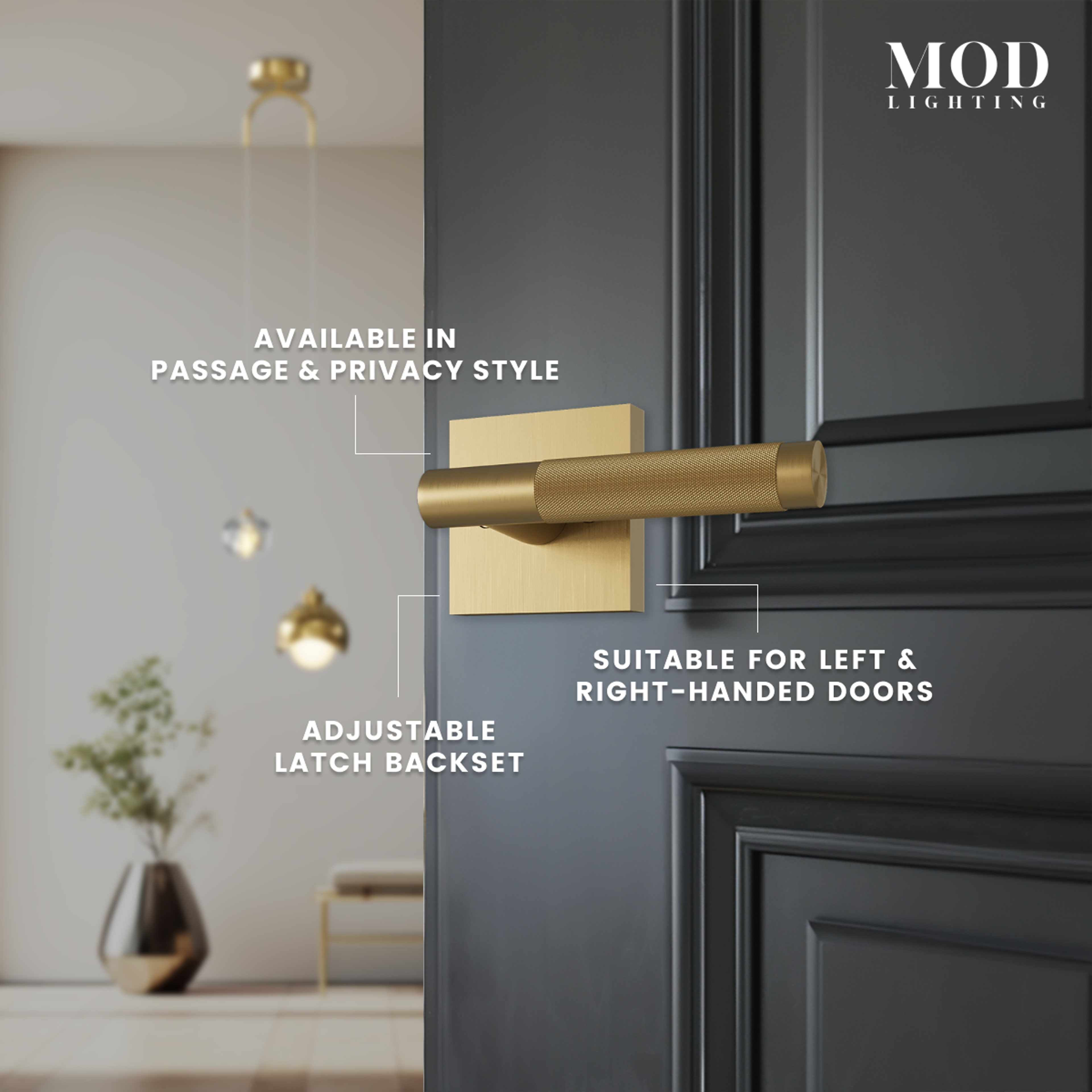 Belmont brushed-gold lever door handle on a dark panel door, noted passage and privacy, left or right-handed