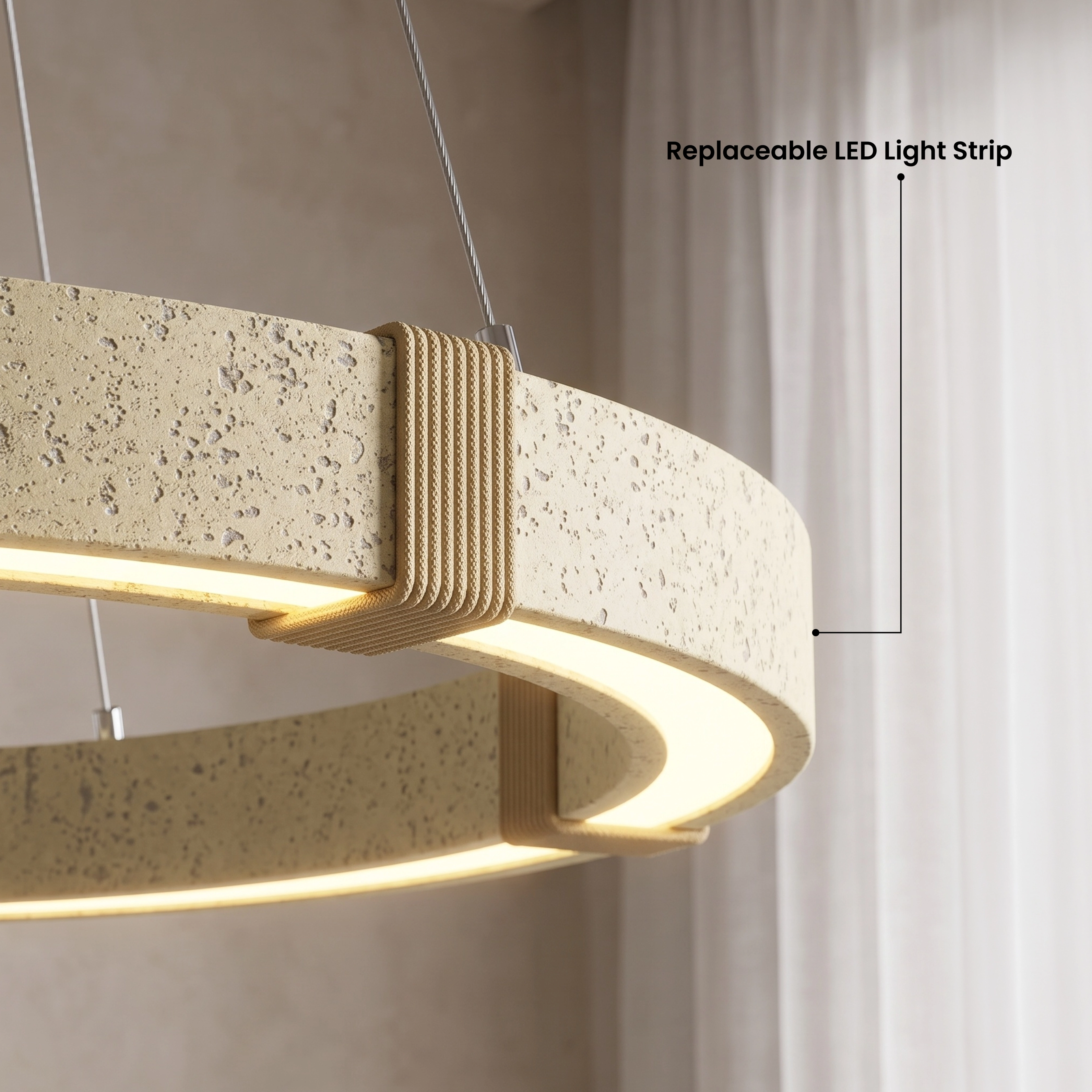 Arabella travertine stone chandelier, gold ring pendant over a meeting table, warm white 3000K, Unparalleled Craftsmanship