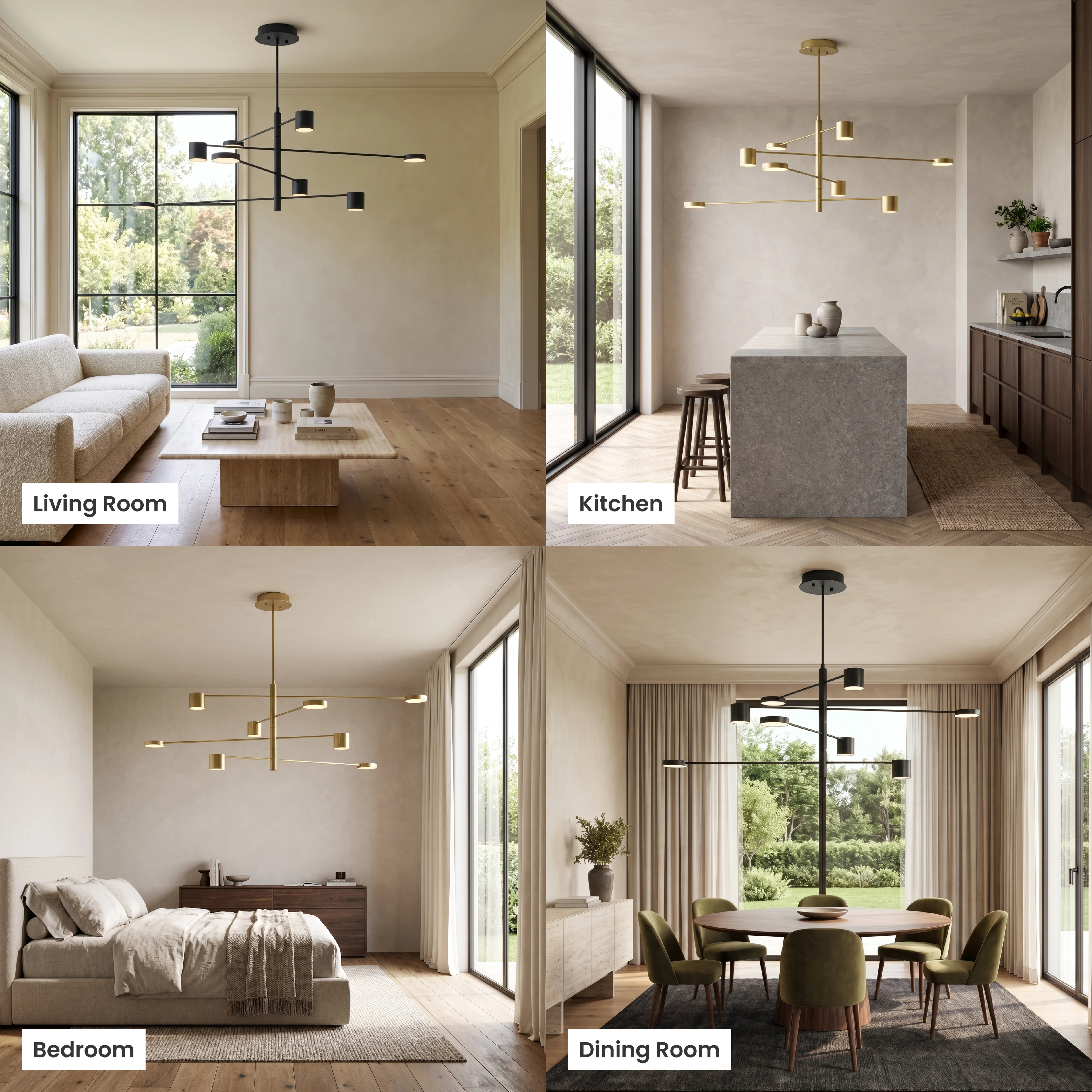 Lynx chandelier shown in living room, dining room, bedroom, and commercial settings; black and gold sputnik arms