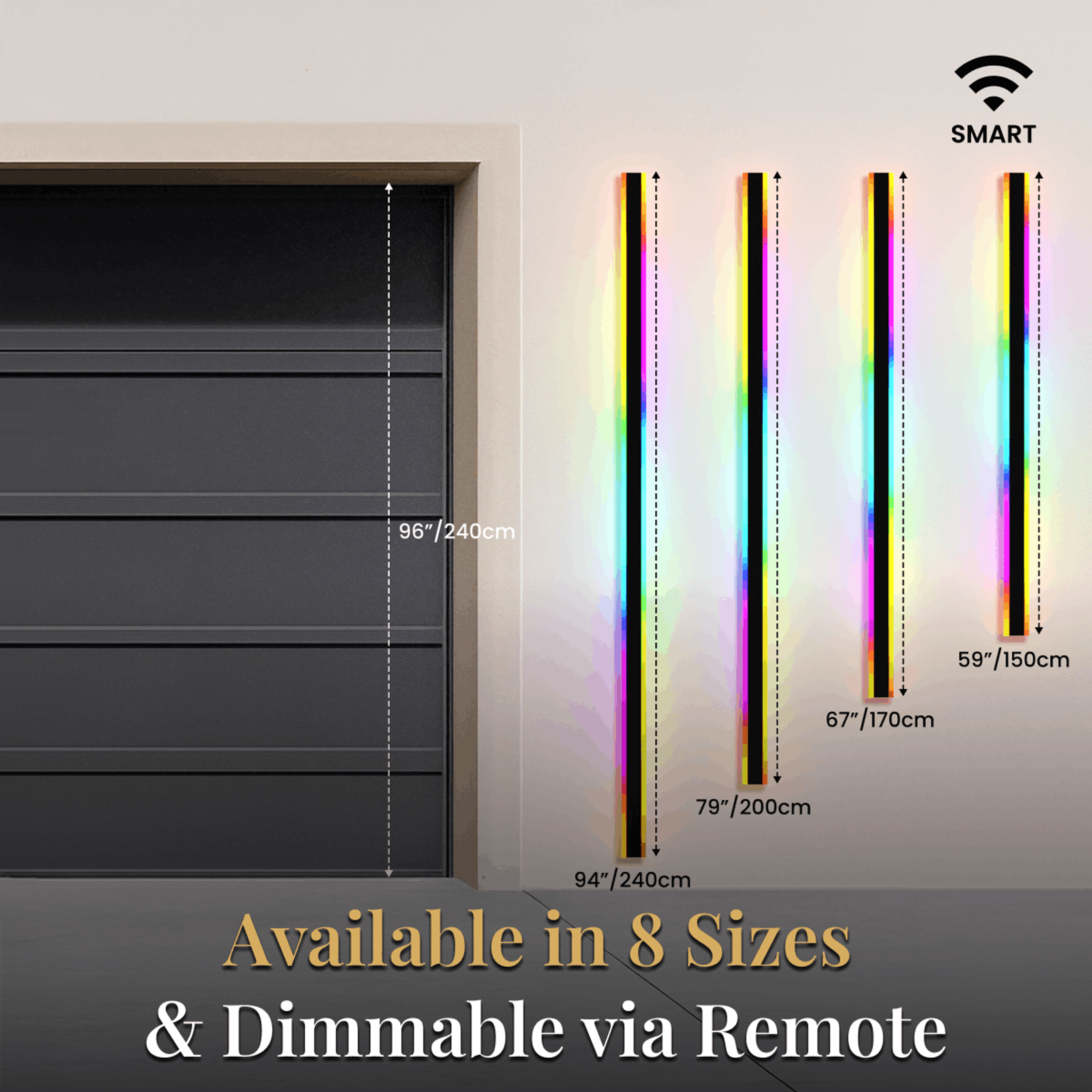 Haylen RGB LED bar lights, dimmable via remote, shown in 94, 79, 67 and 59 inch sizes by a garage door
