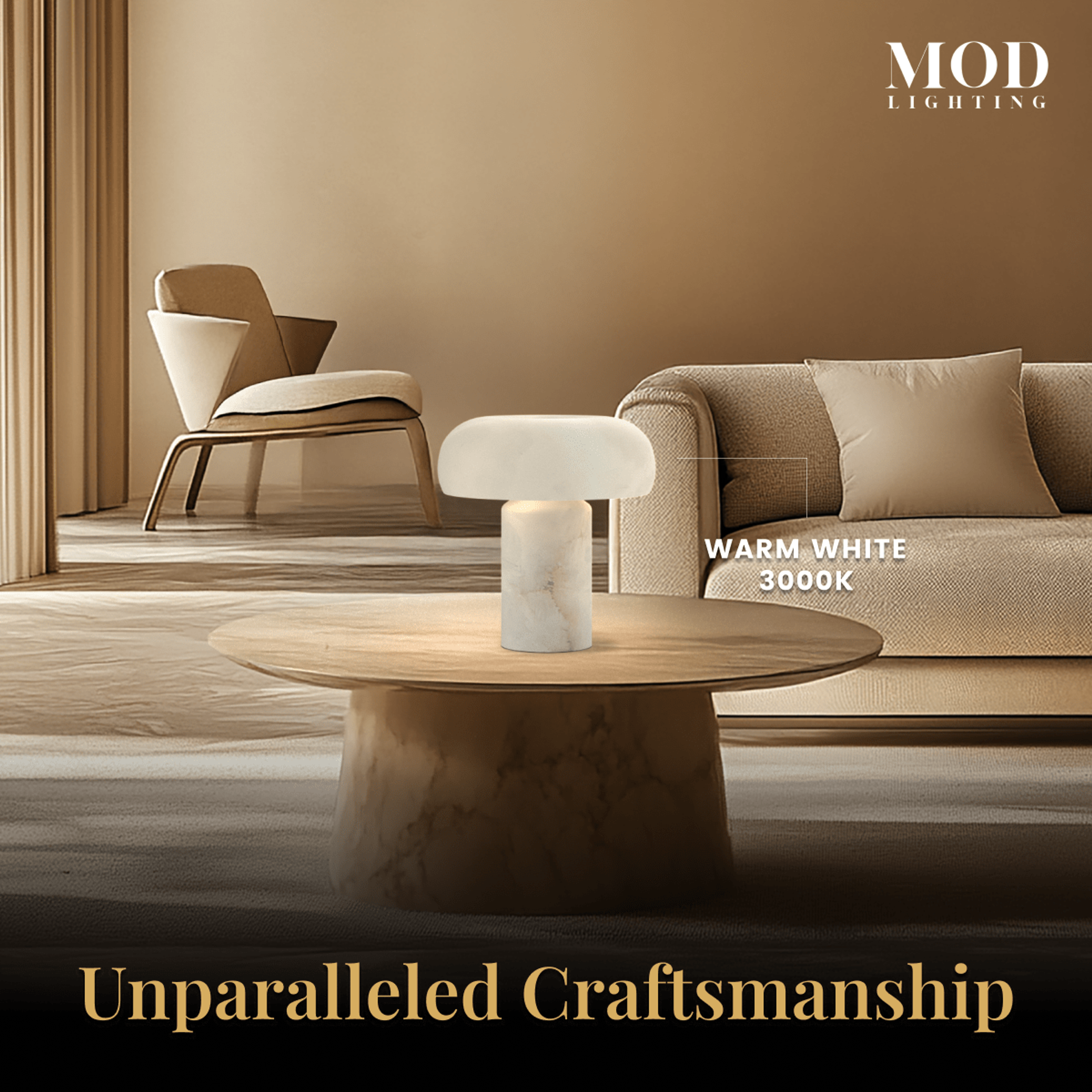 Ora Table Lamp glowing warm white on a round coffee table in a beige living room