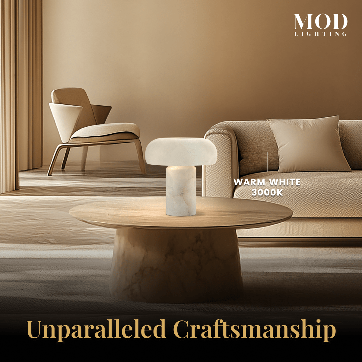 Ora Table Lamp glowing warm white on a round coffee table in a beige living room