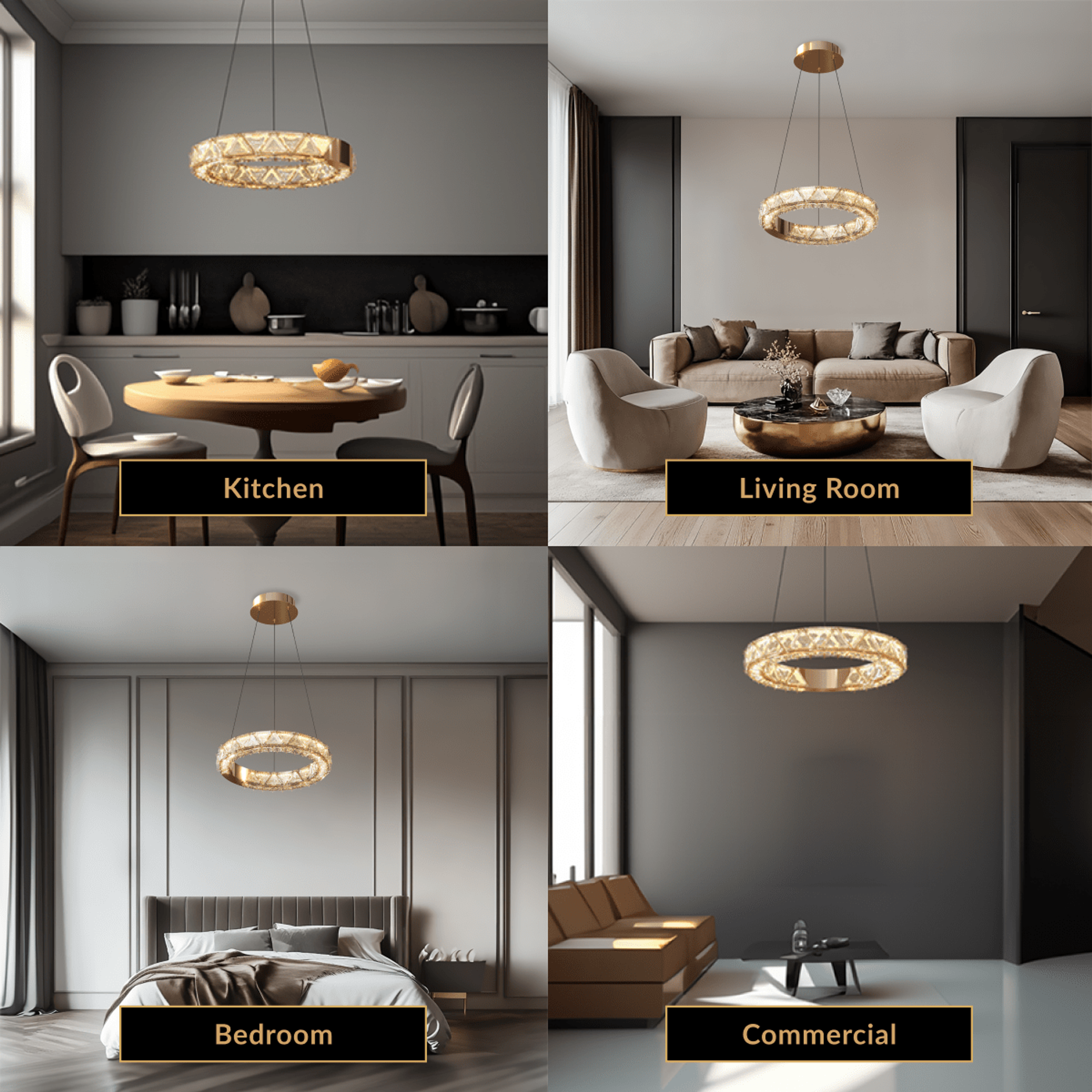 Jana crystal ring chandelier shown in kitchen, living room, bedroom and commercial room settings