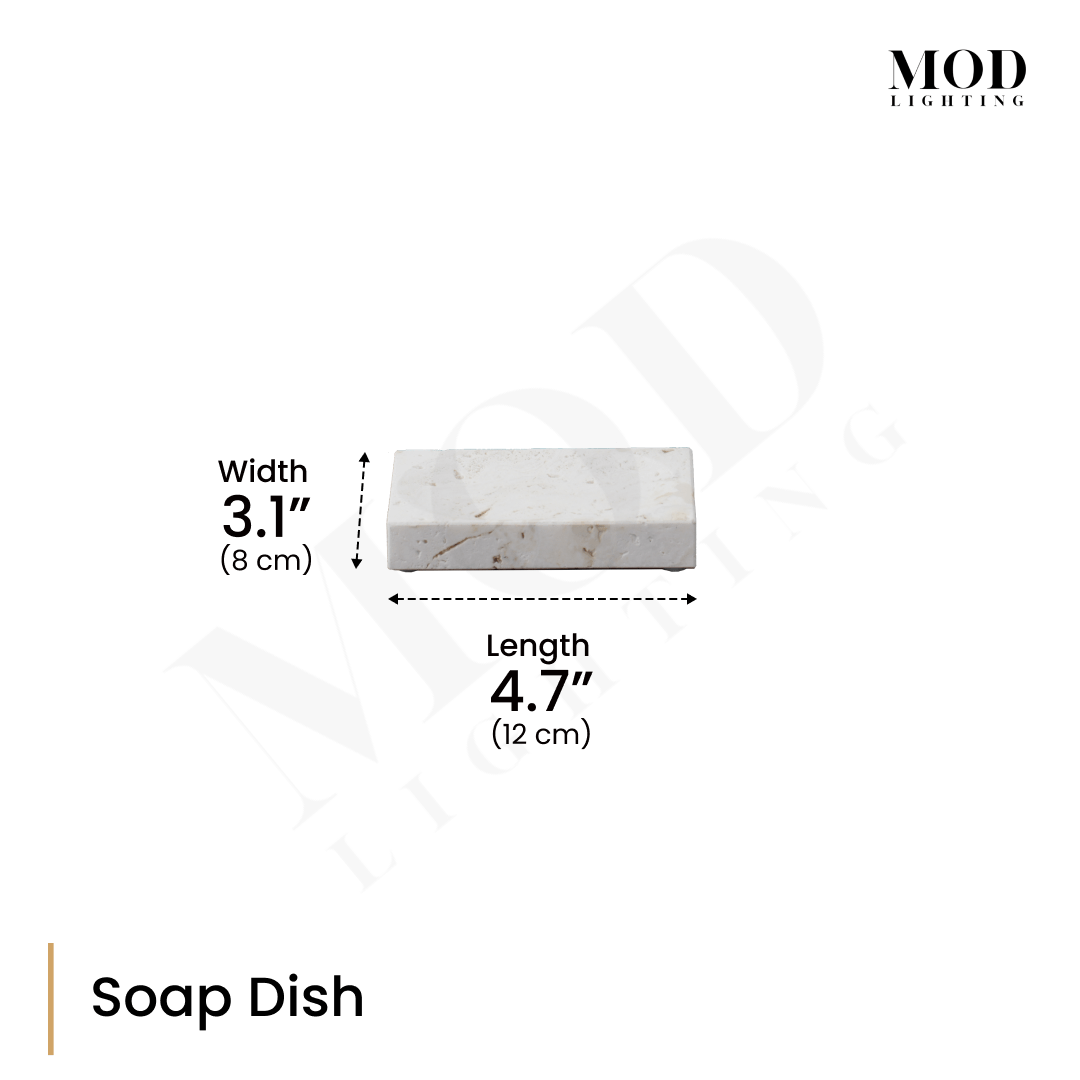 Alabaster Travertine soap dish, rectangular cream stone slab, dimension diagram: 3.1 in W, 4.7 in L