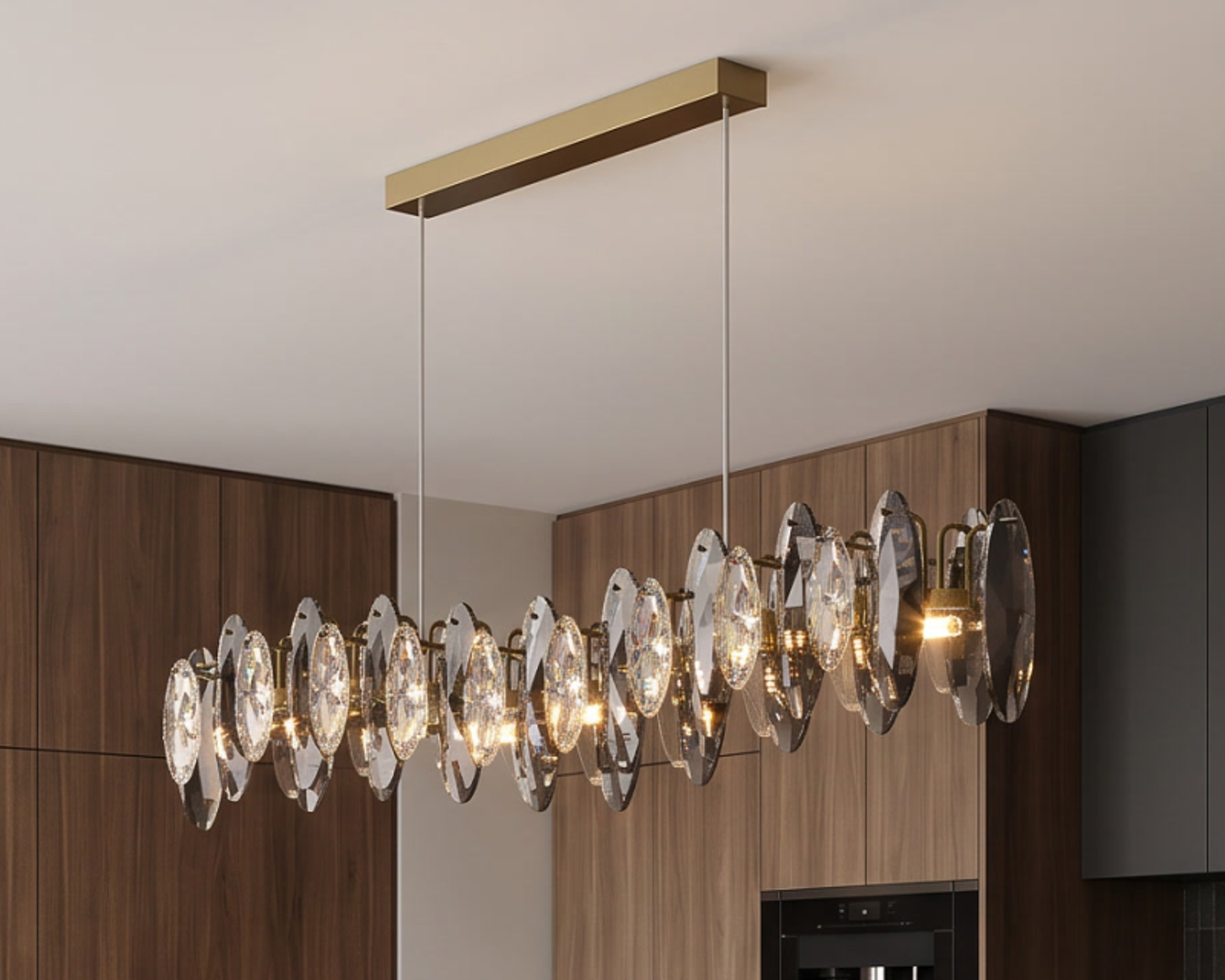 Alba Pendant, a linear alabaster pendant, above a kitchen island