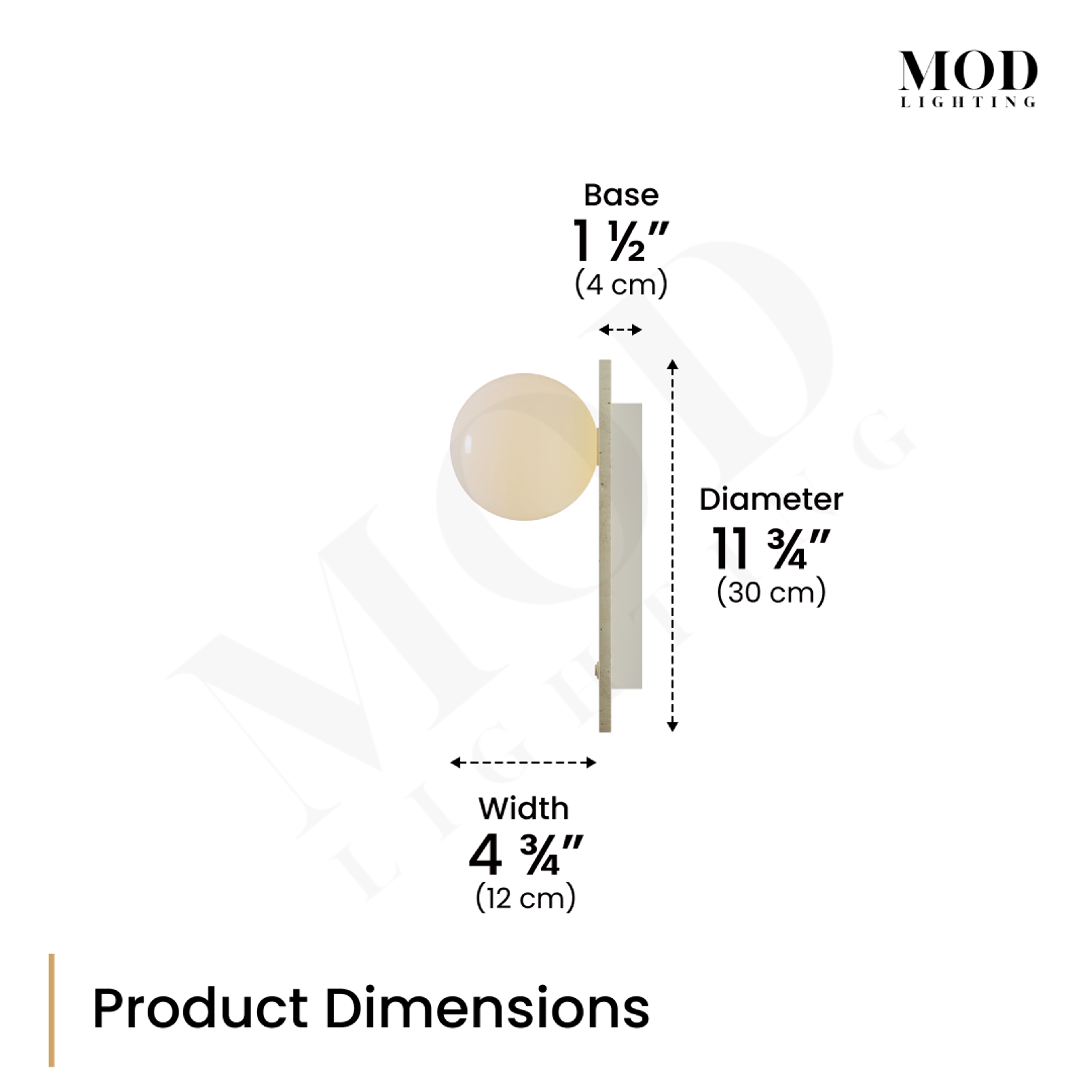 Arabella Sconce travertine stone wall light, side-profile dimension diagram: 11.75 in diameter, 4.75 in width, 1.5 in base