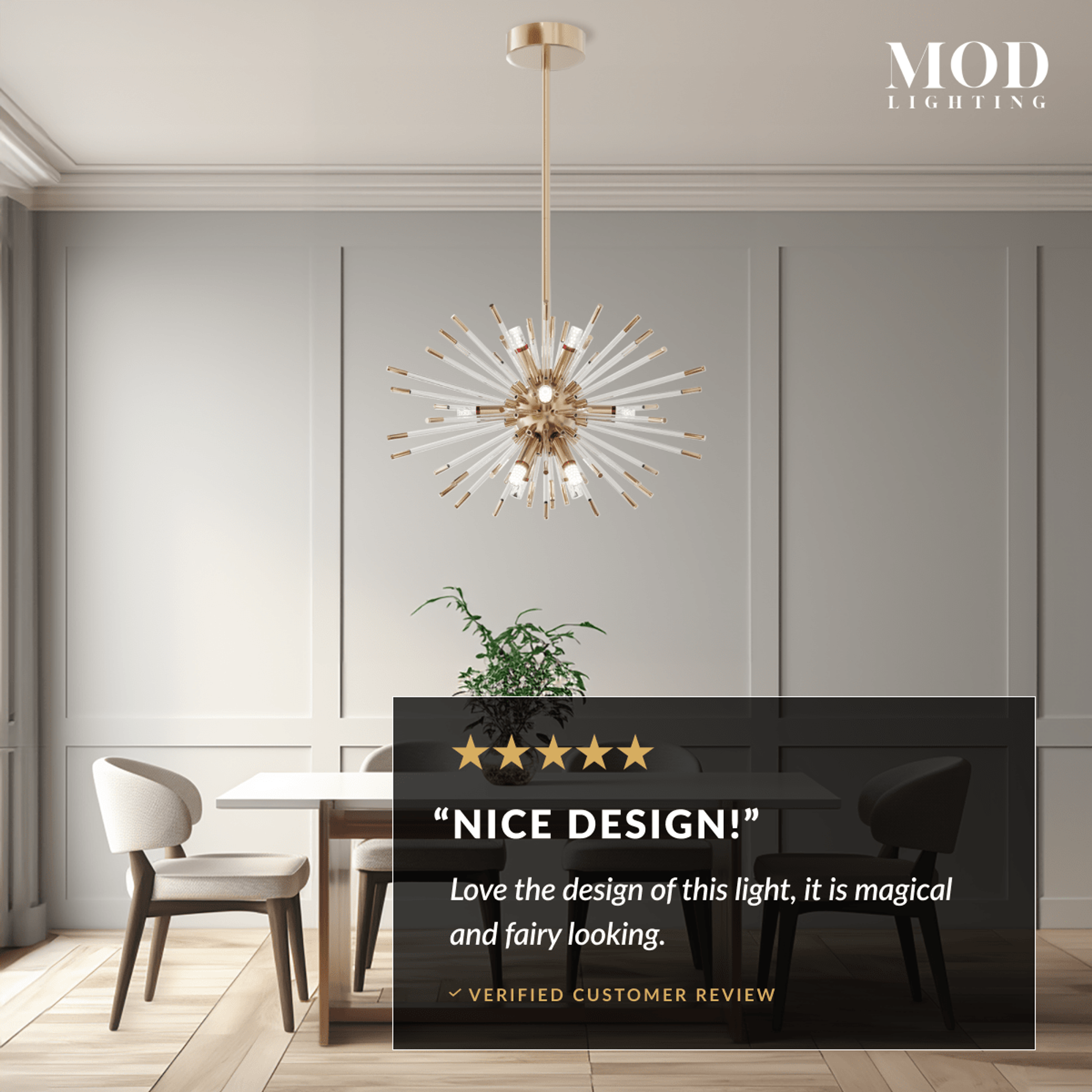 Pixie gold sputnik chandelier with glass-rod spokes over a dining nook beside a customer review card