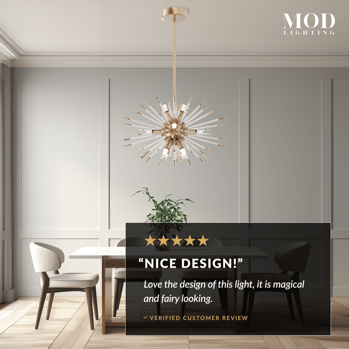 Pixie gold sputnik chandelier with glass-rod spokes over a dining nook beside a customer review card