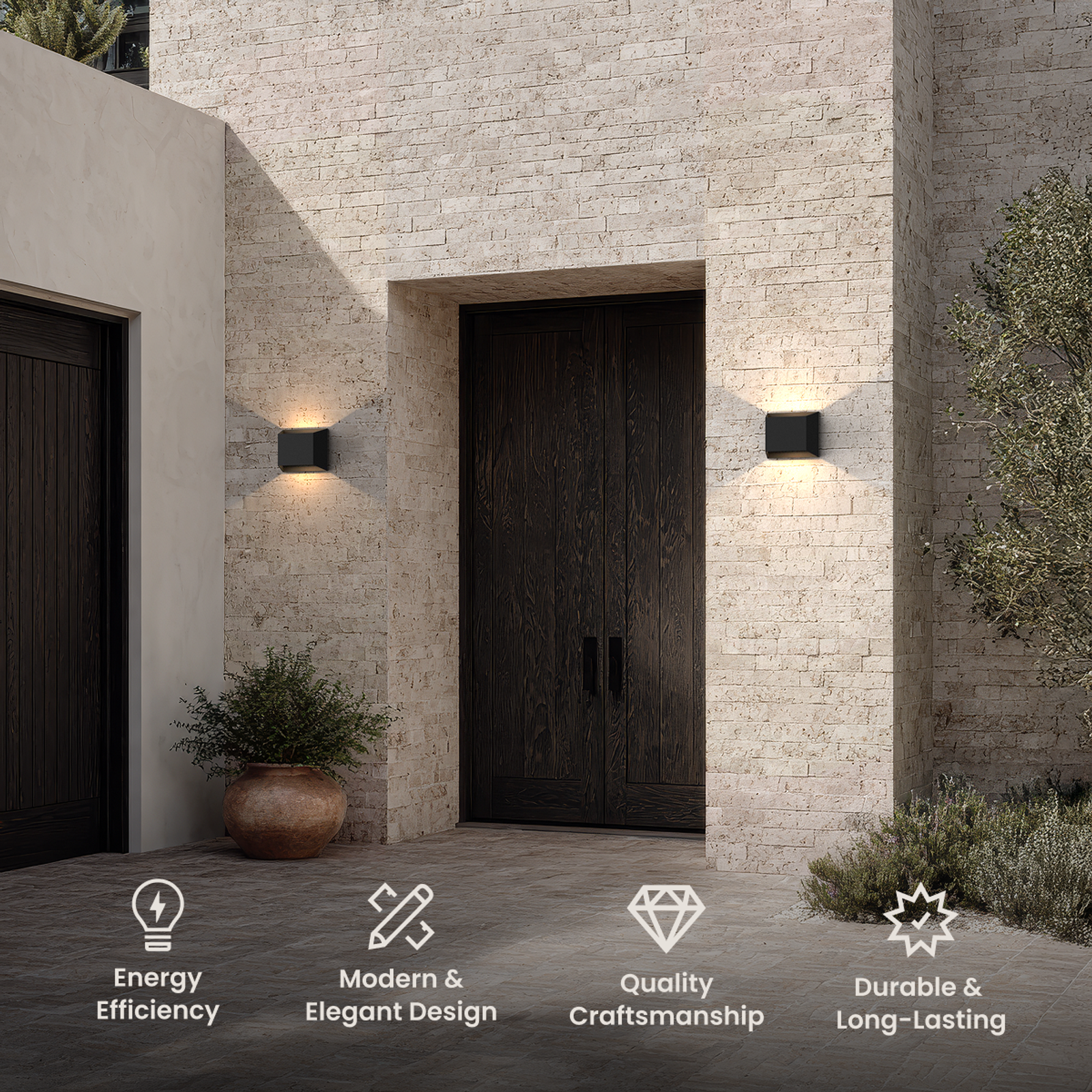 Dawn, slim black horizontal outdoor wall lamps flanking a garage on a stone exterior