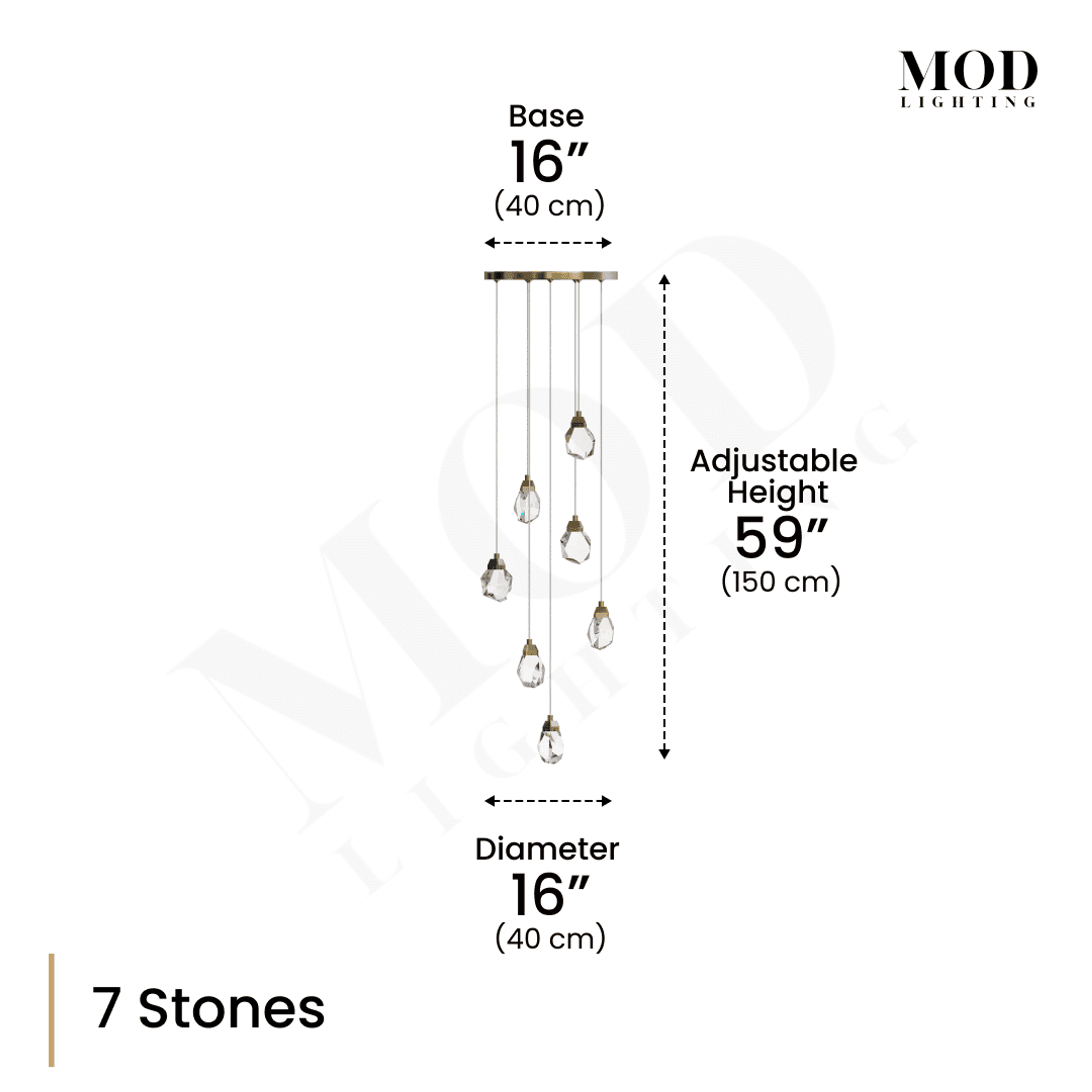 Hailstone dimension diagram, 7 faceted crystal stones, 16" base and diameter, 59" adjustable height