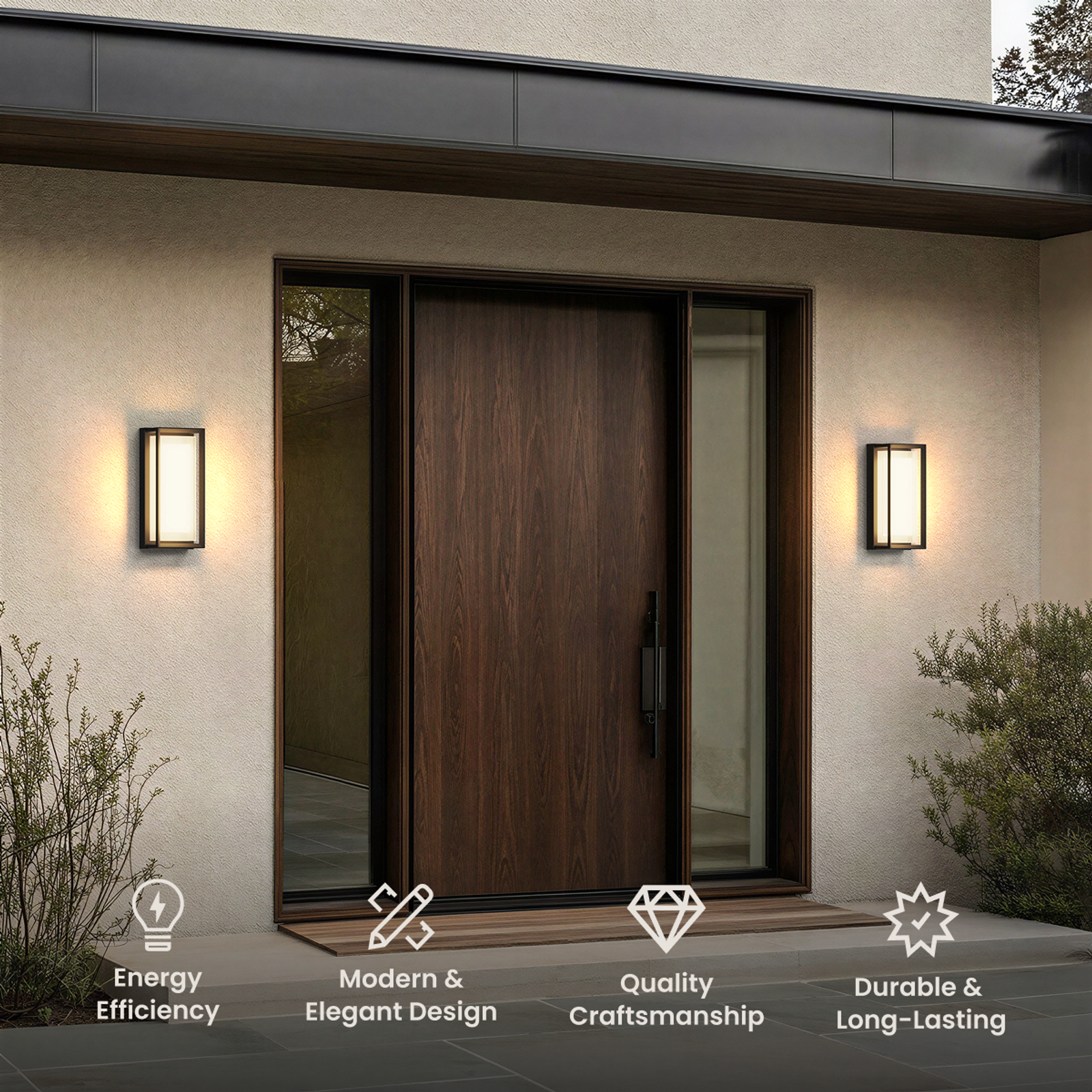 Solen outdoor sconces, structured matte black frames with frosted glow flanking a dark wood door