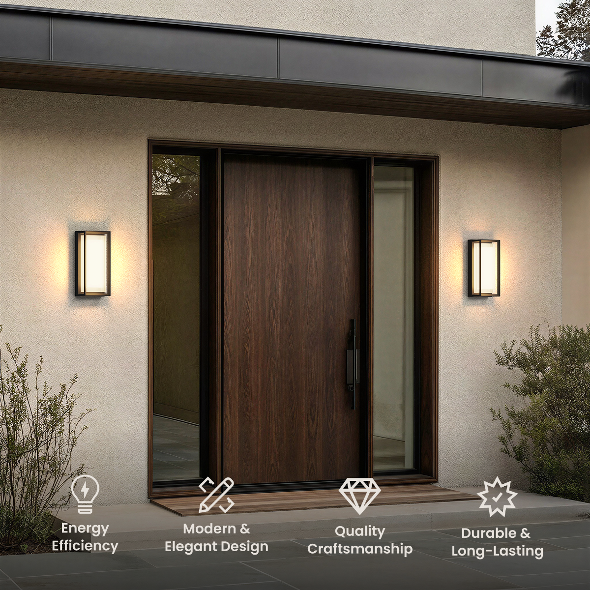 Solen outdoor sconces, structured matte black frames with frosted glow flanking a dark wood door