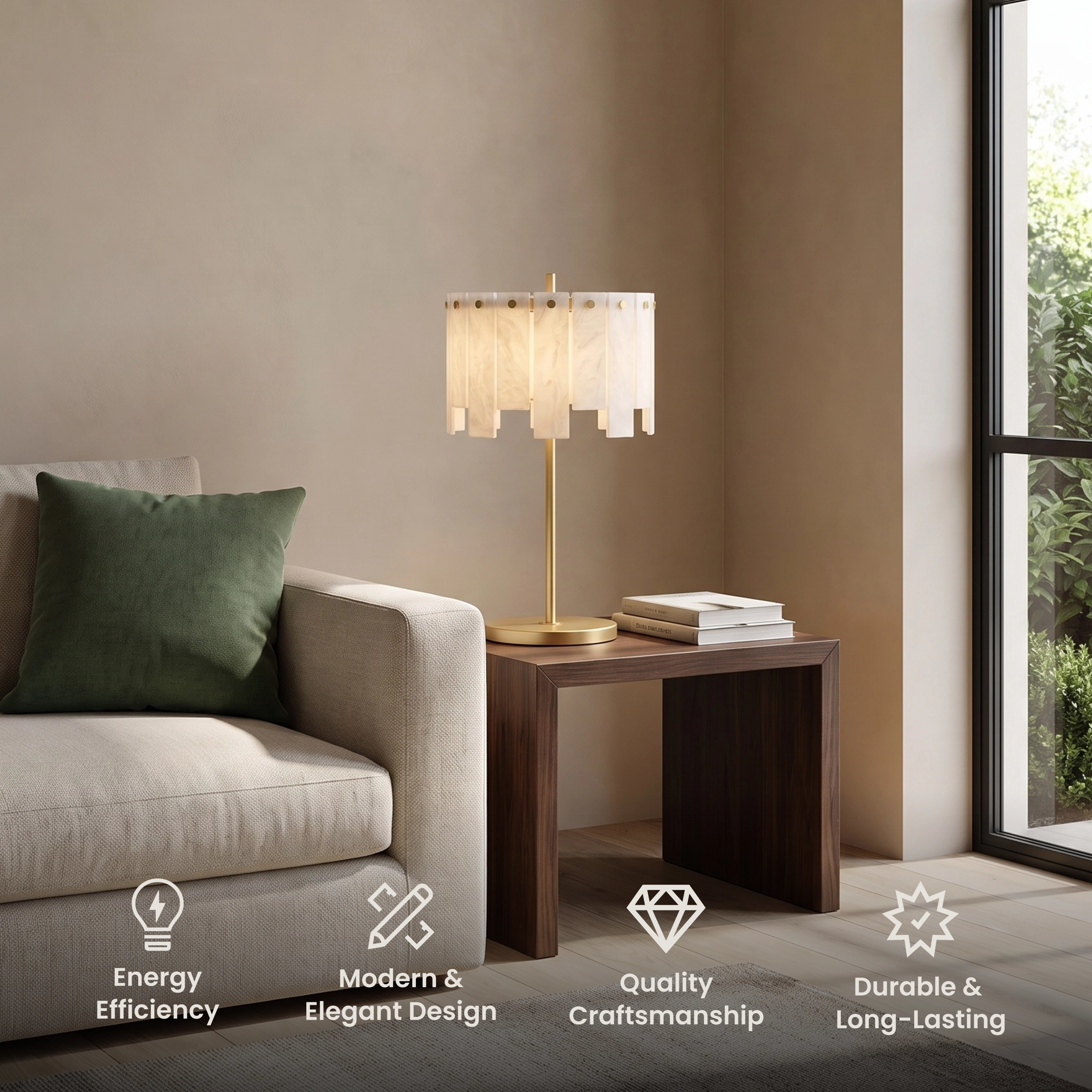 Velina alabaster table lamp, gold stem with a shade of white alabaster panels, on a console