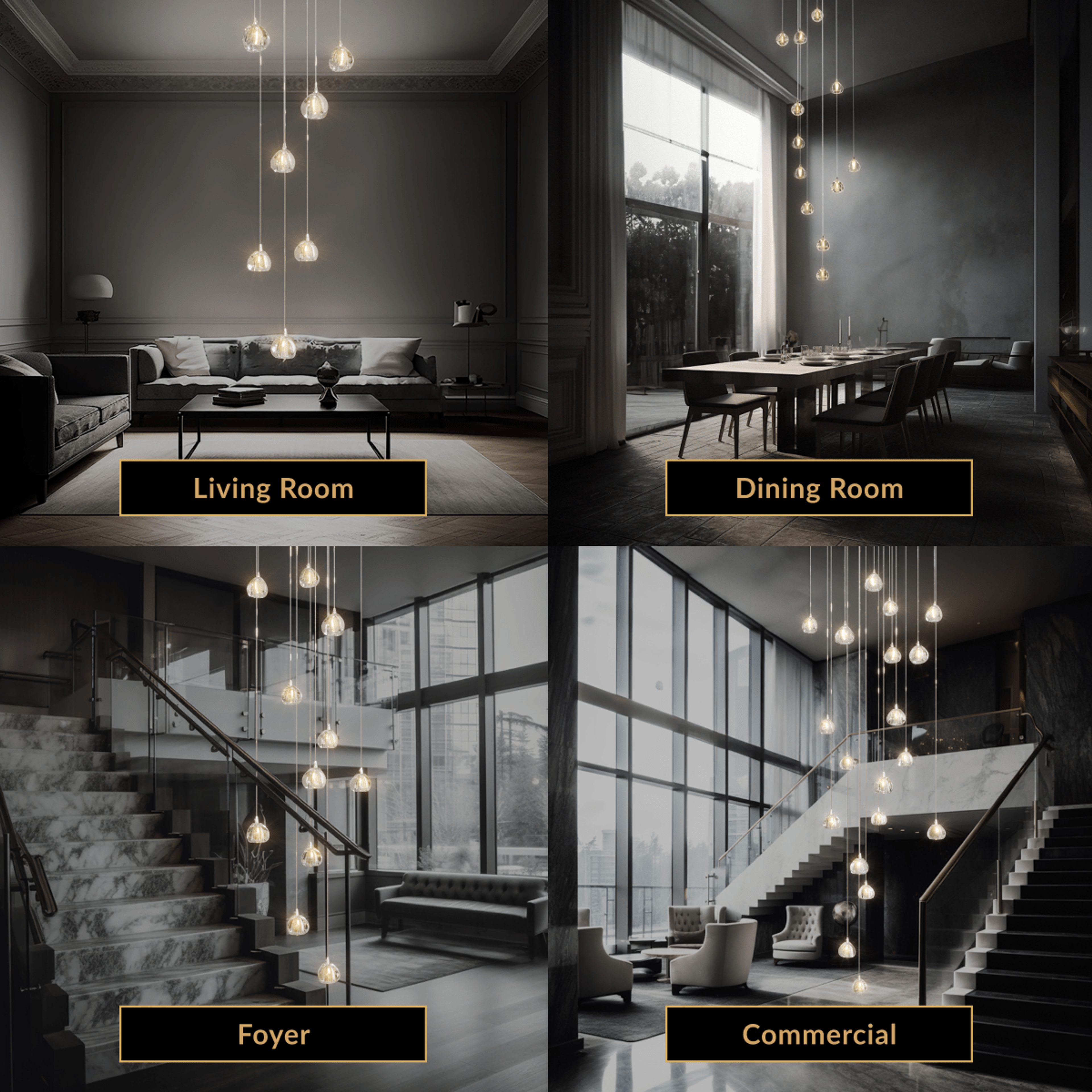 Sage cascading globe pendants shown in living room, dining room, foyer and commercial settings