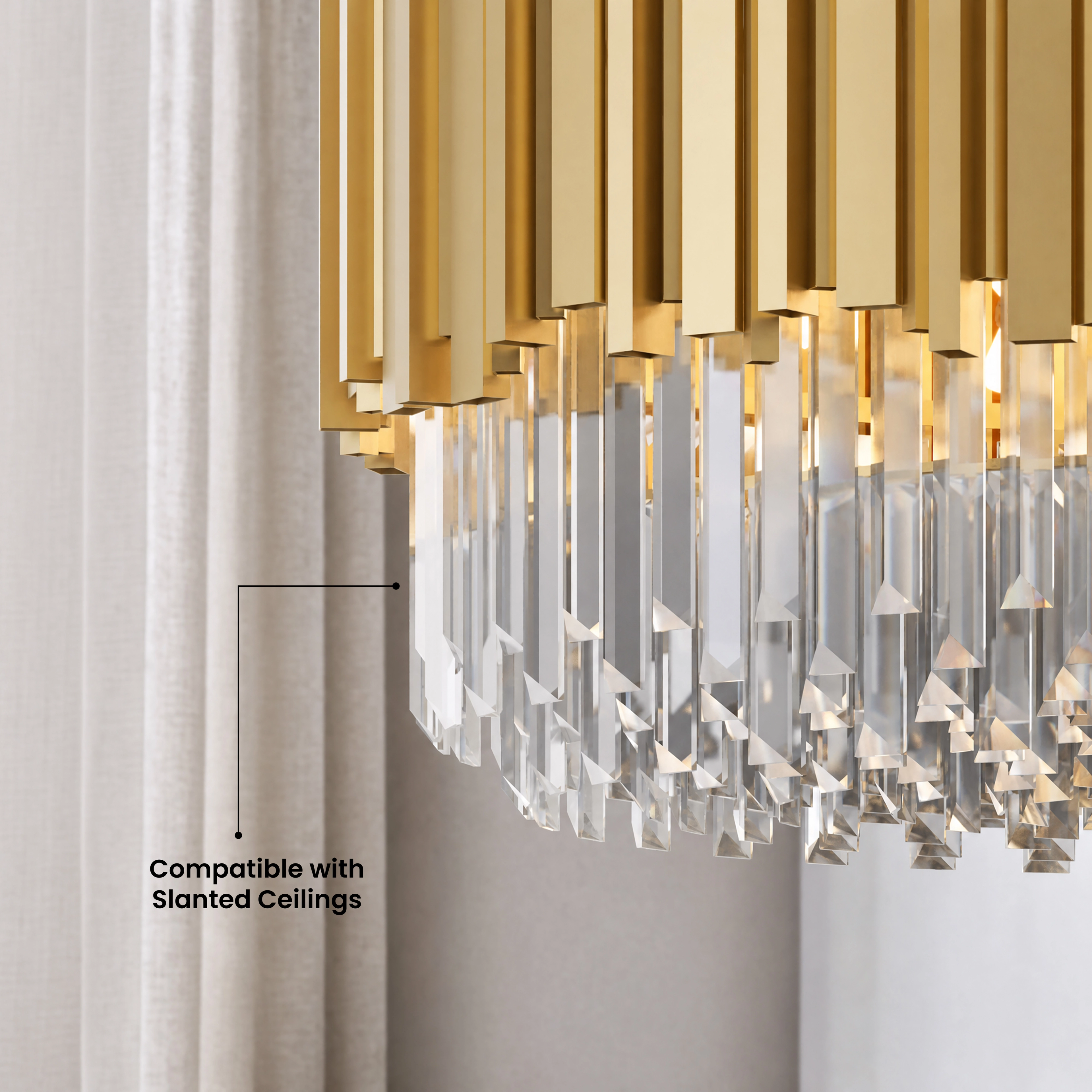 Athena gold crystal chandelier in warm white 3000K in a marble living room, four sizes available