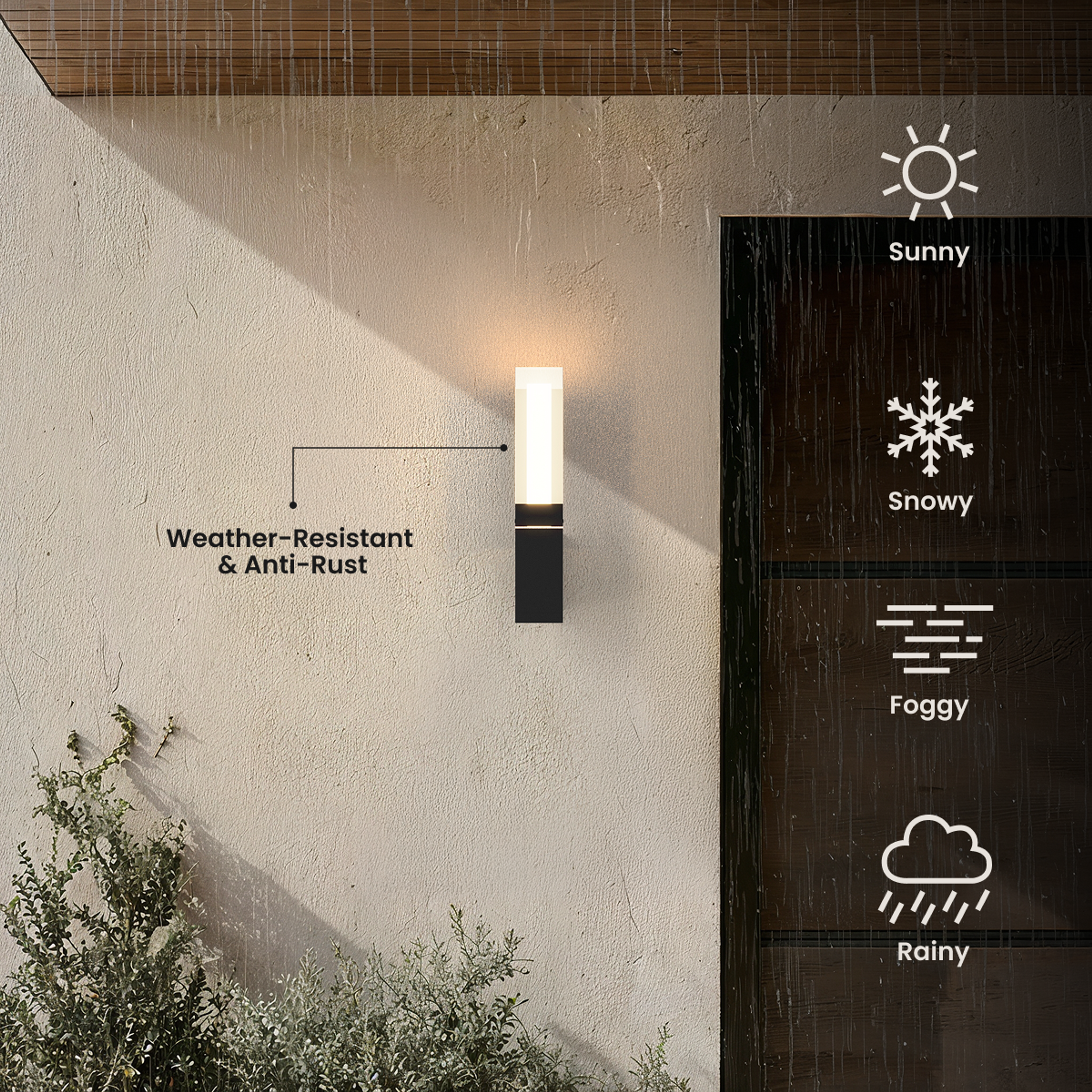 Falcon black cylinder outdoor sconce glowing on a stucco wall, labeled weather-resistant and anti-rust