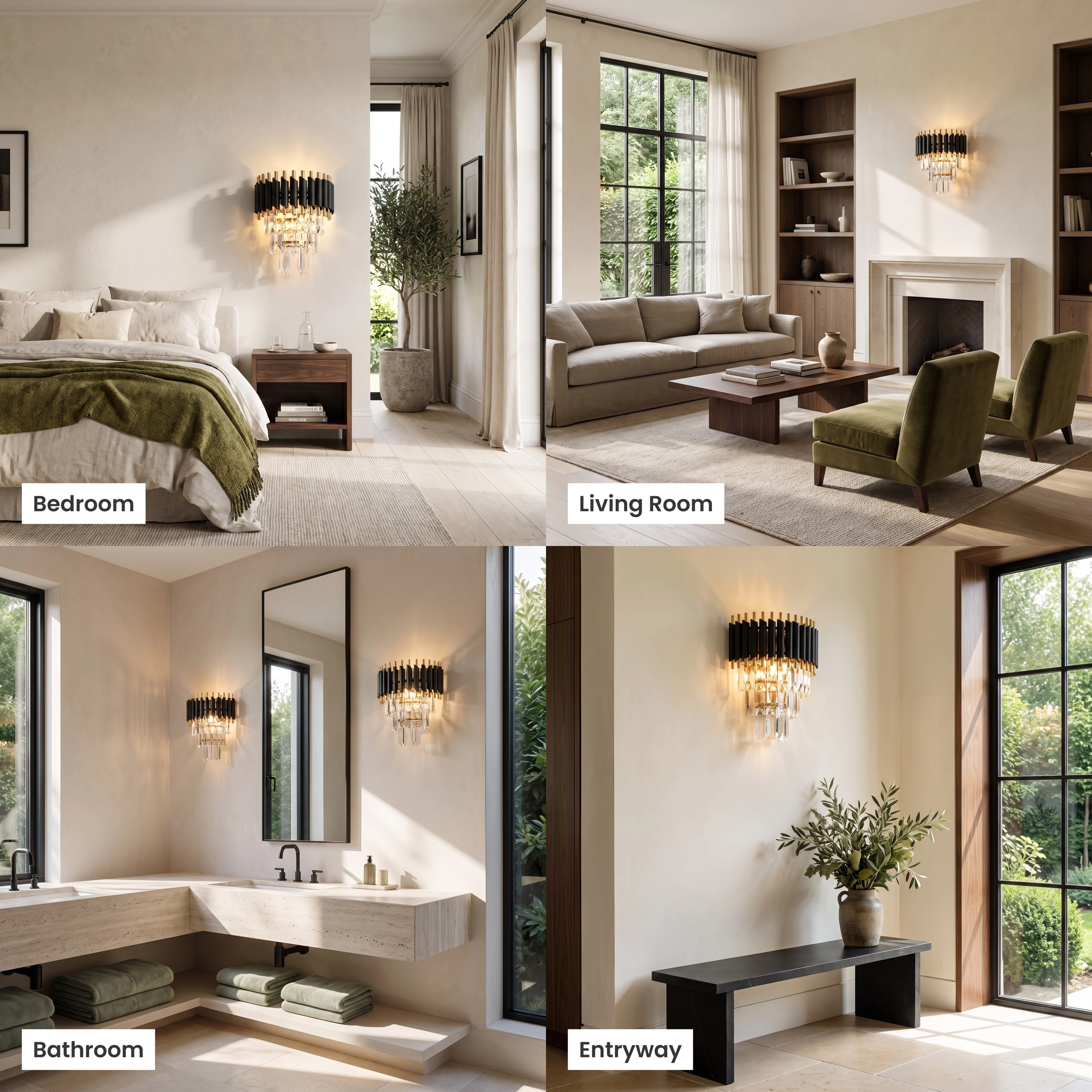 Onyx black and gold crystal wall sconce shown in living room, dining room, bedroom and commercial settings
