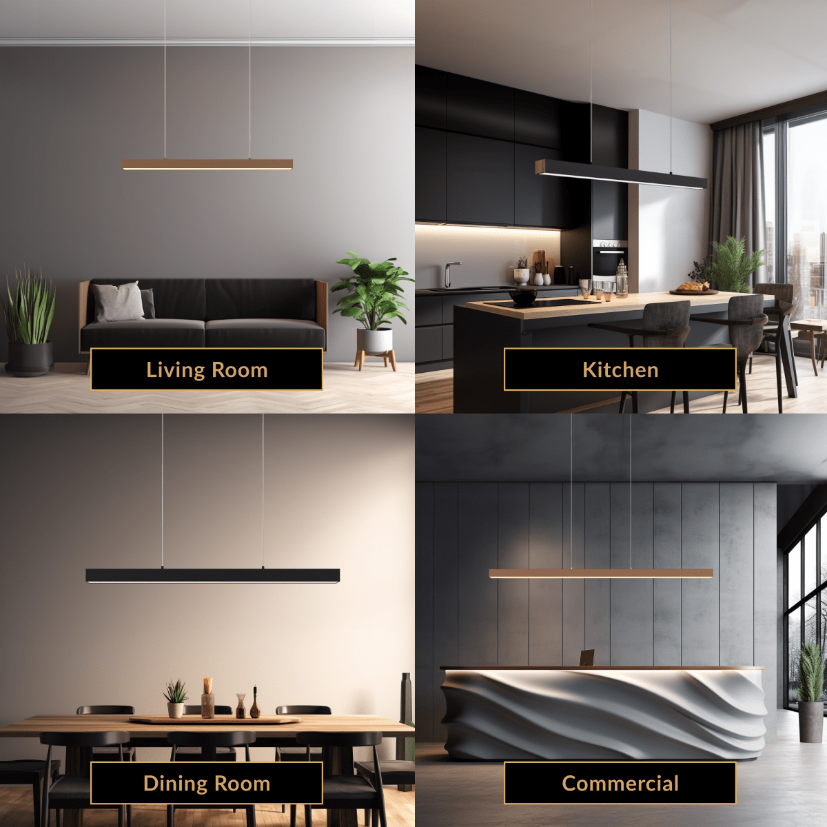 Luka pendant, black minimalist linear LED bar suspended over a kitchen island and dining table