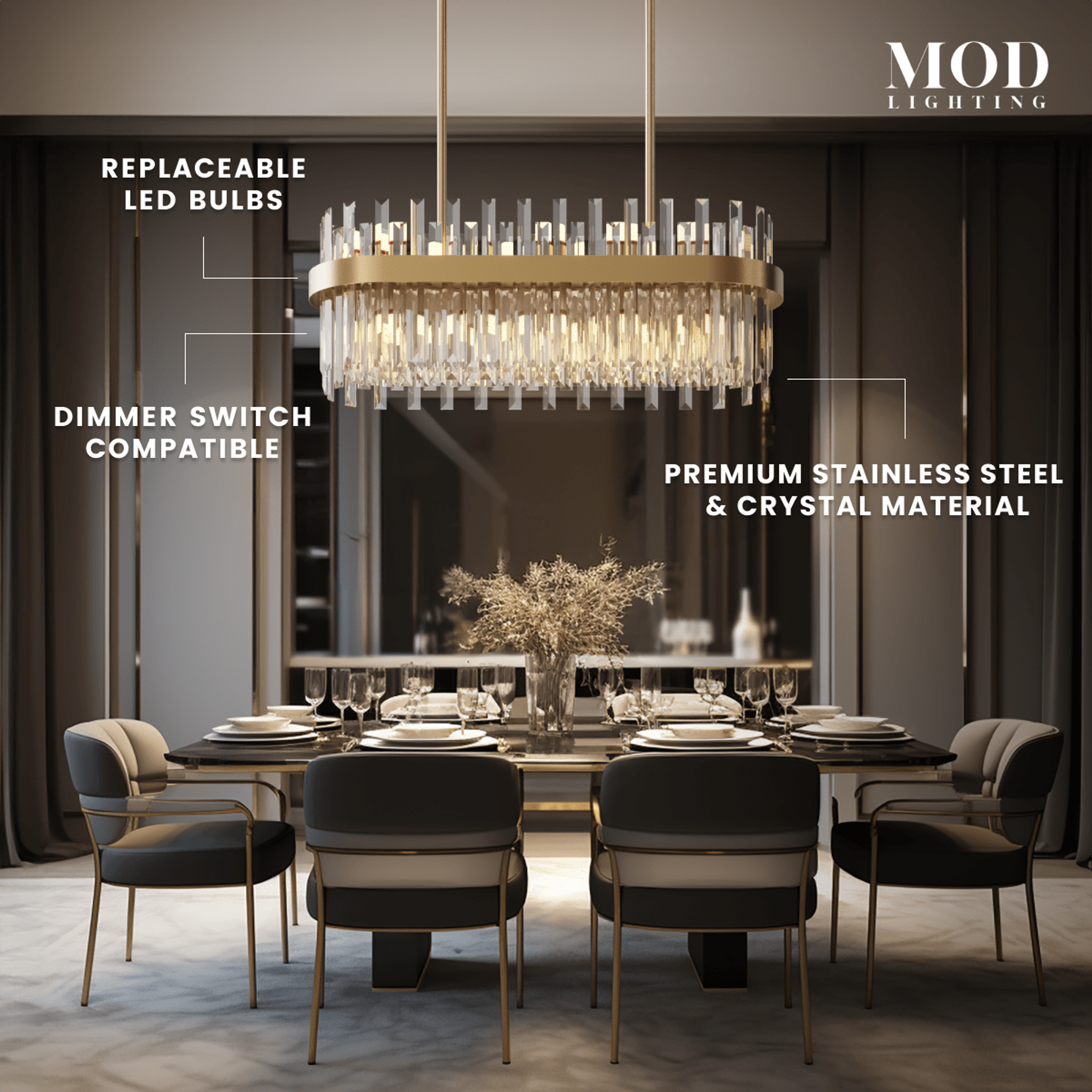 Topaz gold linear crystal bar pendant over a dining table, noting stainless steel, crystal and dimmer support