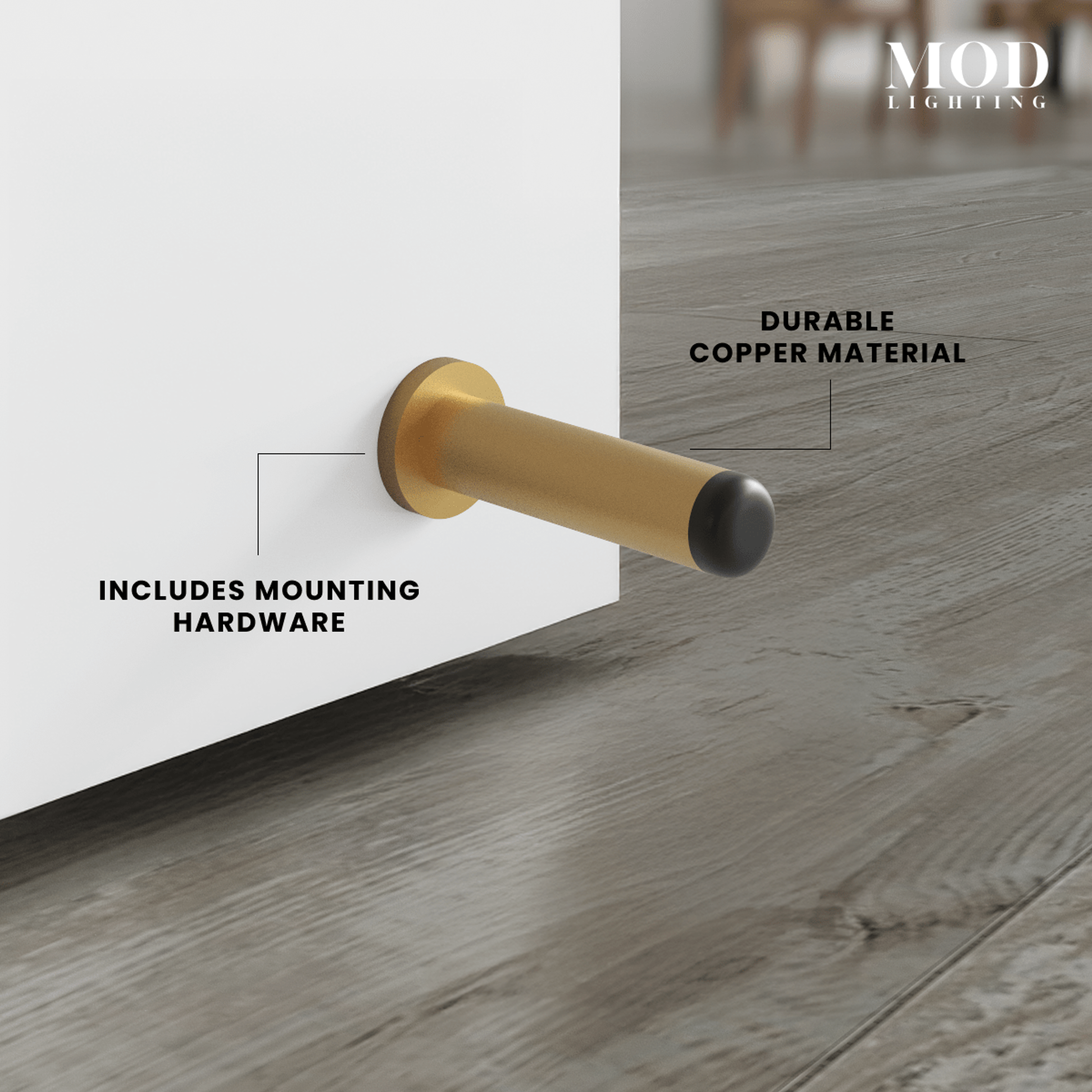 Aro brushed-gold cylindrical wall door stop with callouts: durable copper, mounting hardware