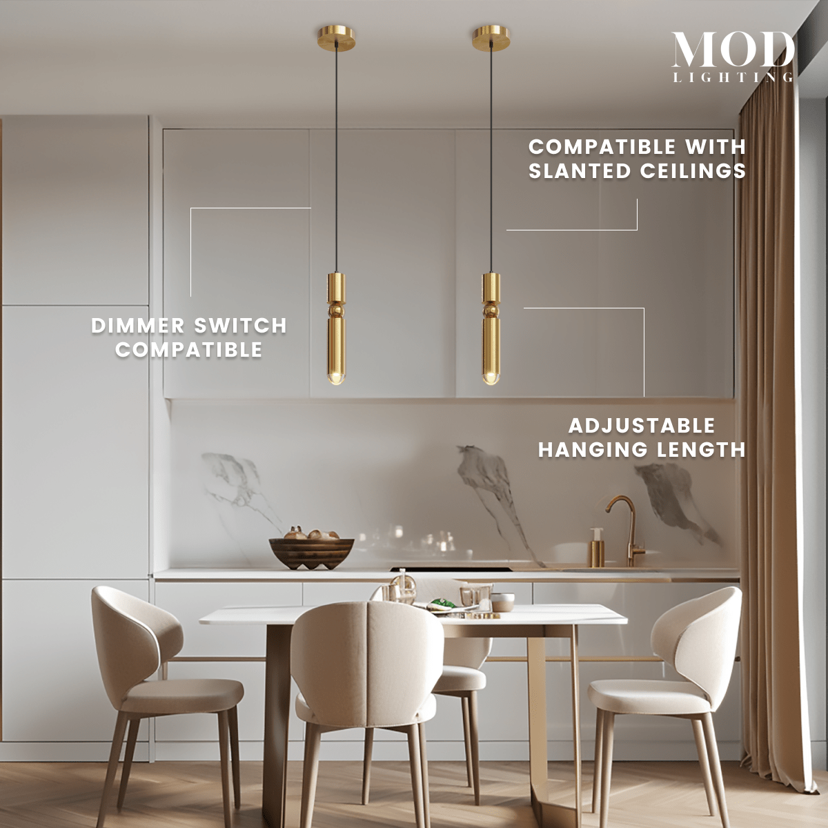 Jetta gold cylindrical pendants over a dining table, labelled dimmable, slanted-ceiling and length compatible