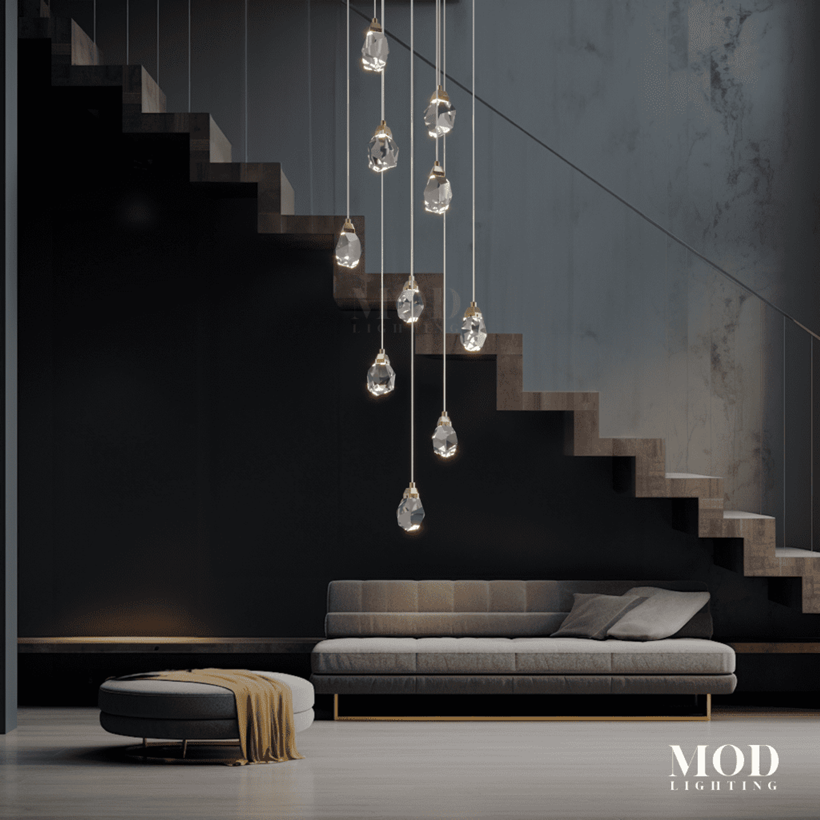Hailstone spiral cascade of crystal teardrops beside a concrete staircase and daybed
