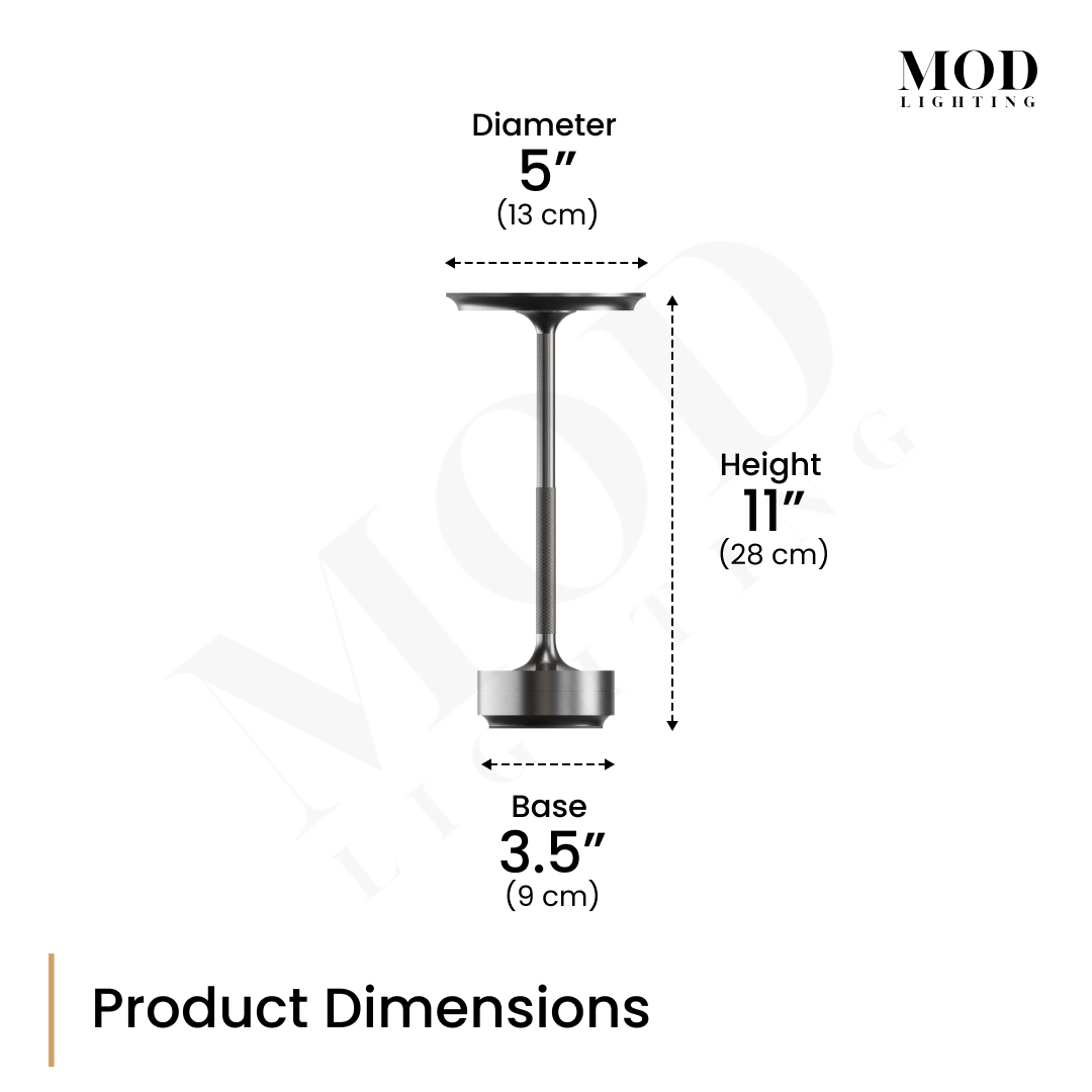Aris table lamp dimension diagram, gunmetal lamp with 5 in shade diameter, 11 in height and 3.5 in base callouts