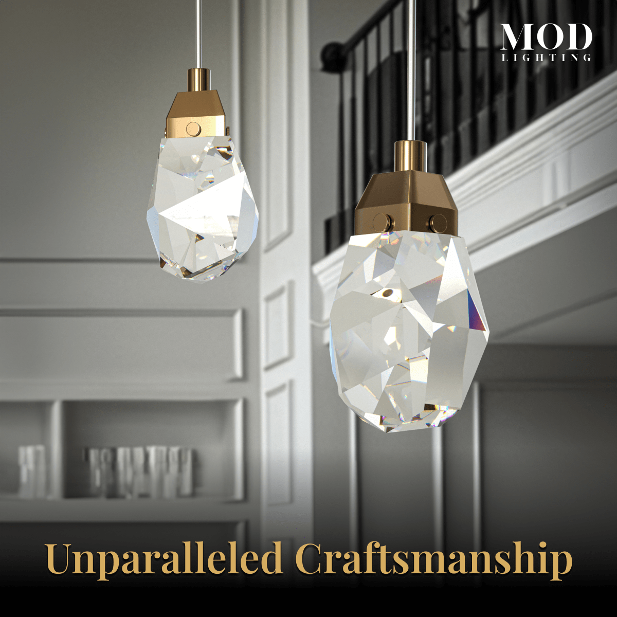 Hailstone crystal chandelier detail, two faceted clear-crystal drops on brass caps beside a staircase