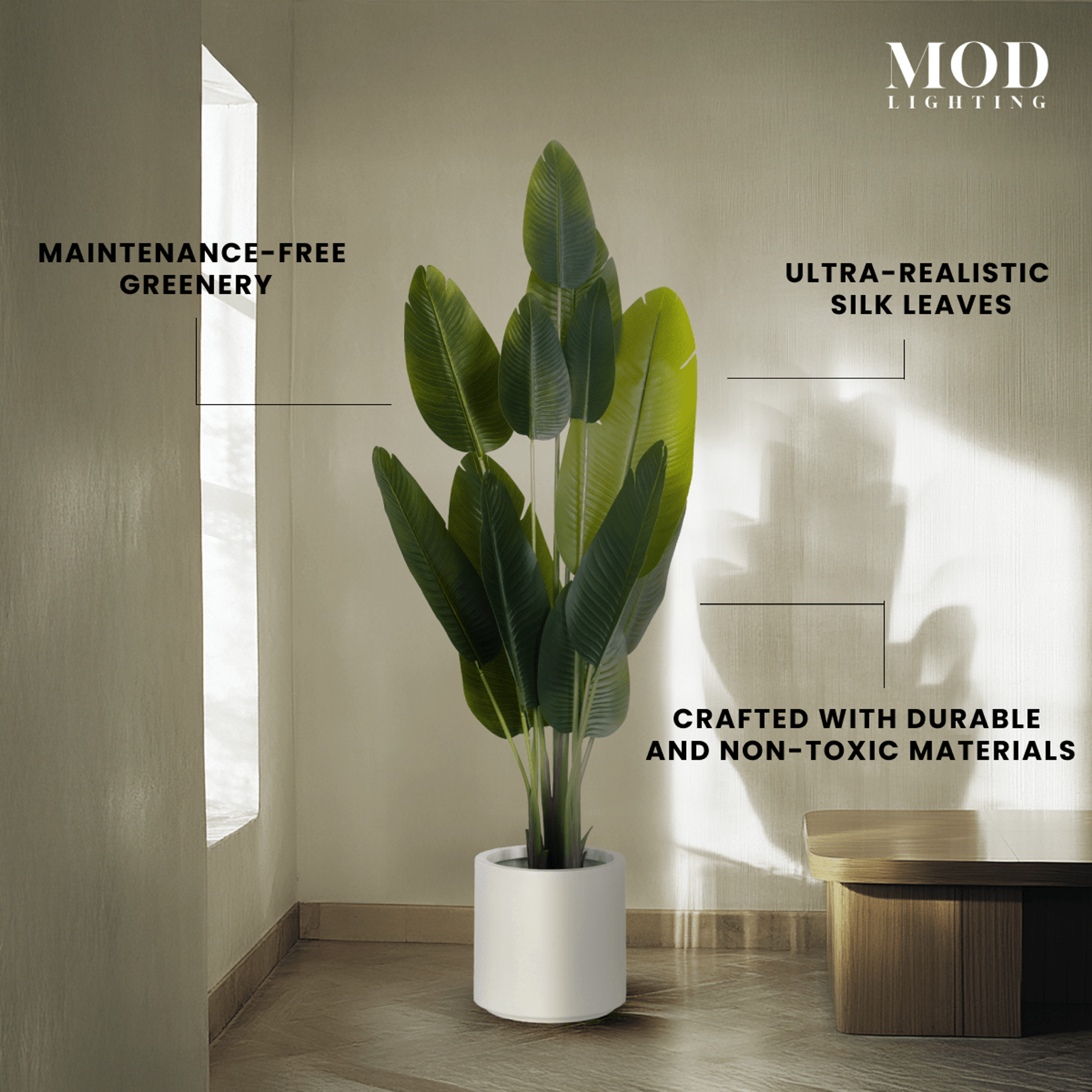 Bird of Paradise in a white pot in a sunlit corner, labeled maintenance-free with ultra-realistic silk leaves