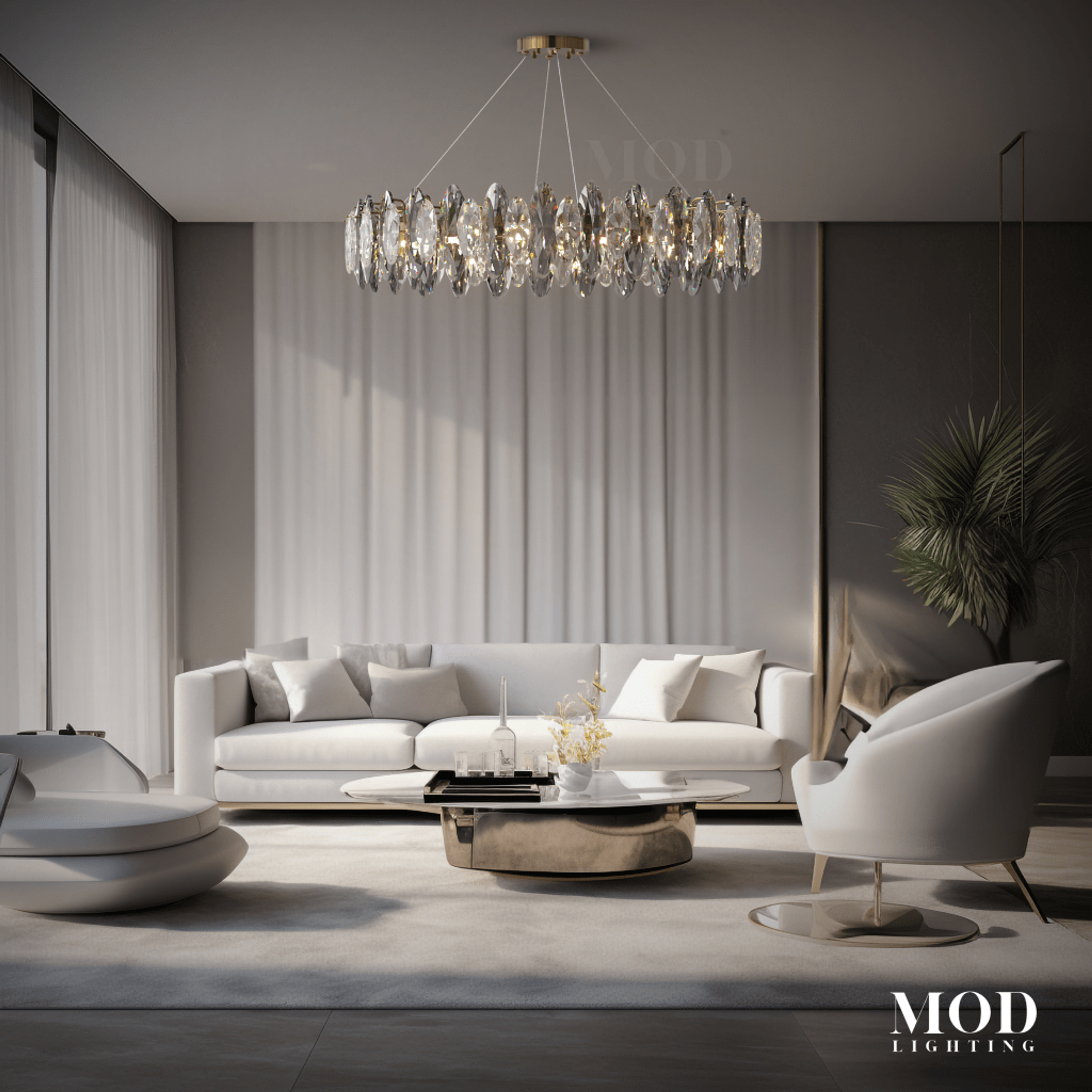 Celestial gold crystal chandelier, round tiered fixture of clear glass leaves over a living room