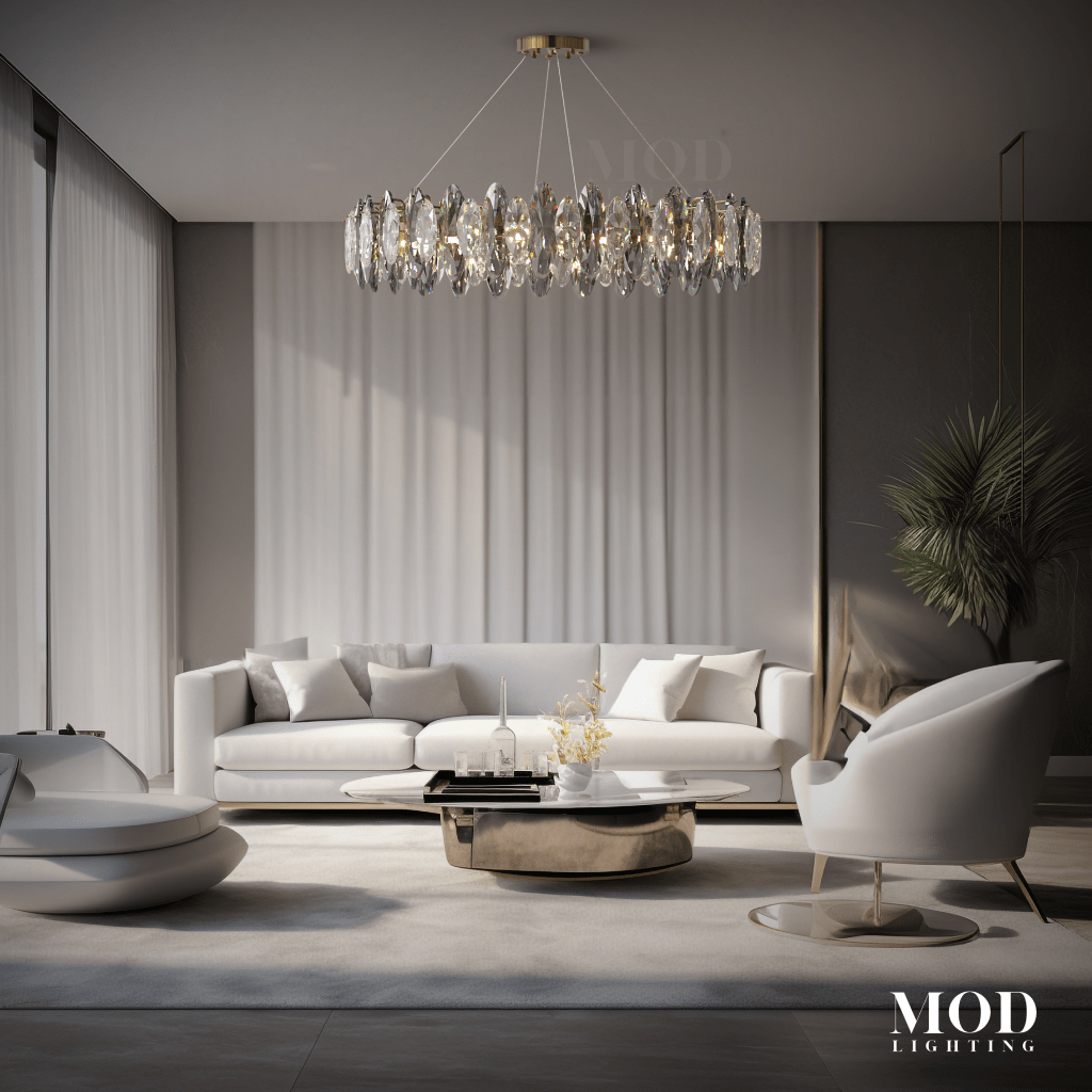 Celestial gold crystal chandelier, round tiered fixture of clear glass leaves over a living room