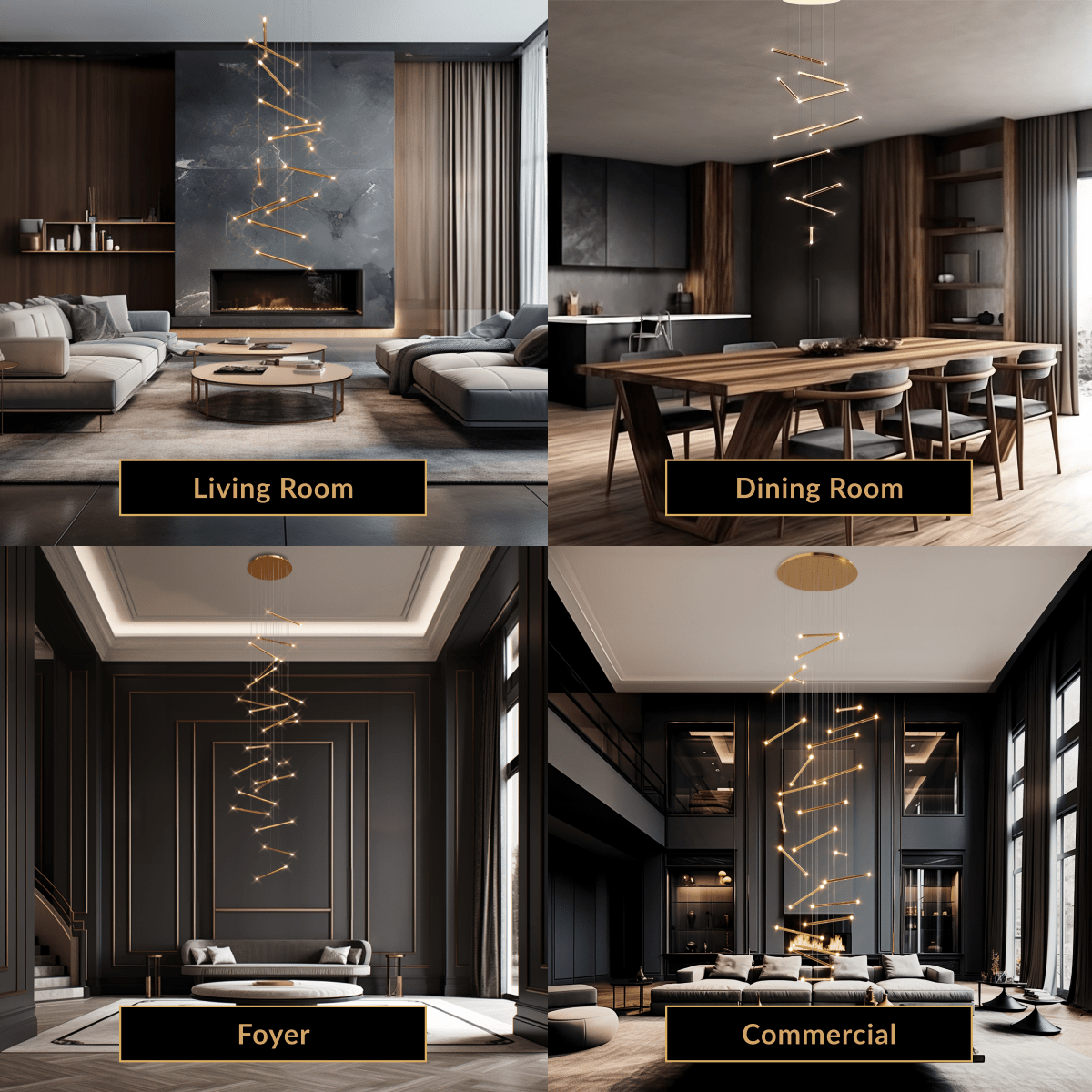 Freya four settings: gold staircase chandelier in living room, dining room, foyer and commercial space