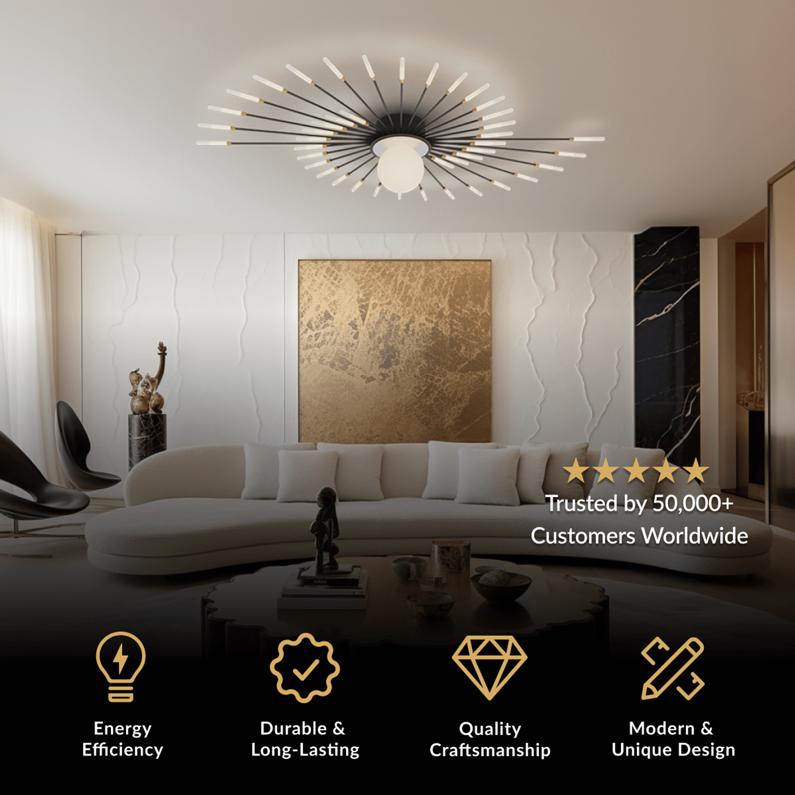 Seashell black flush-mount ceiling light with radiating spokes in a modern living room
