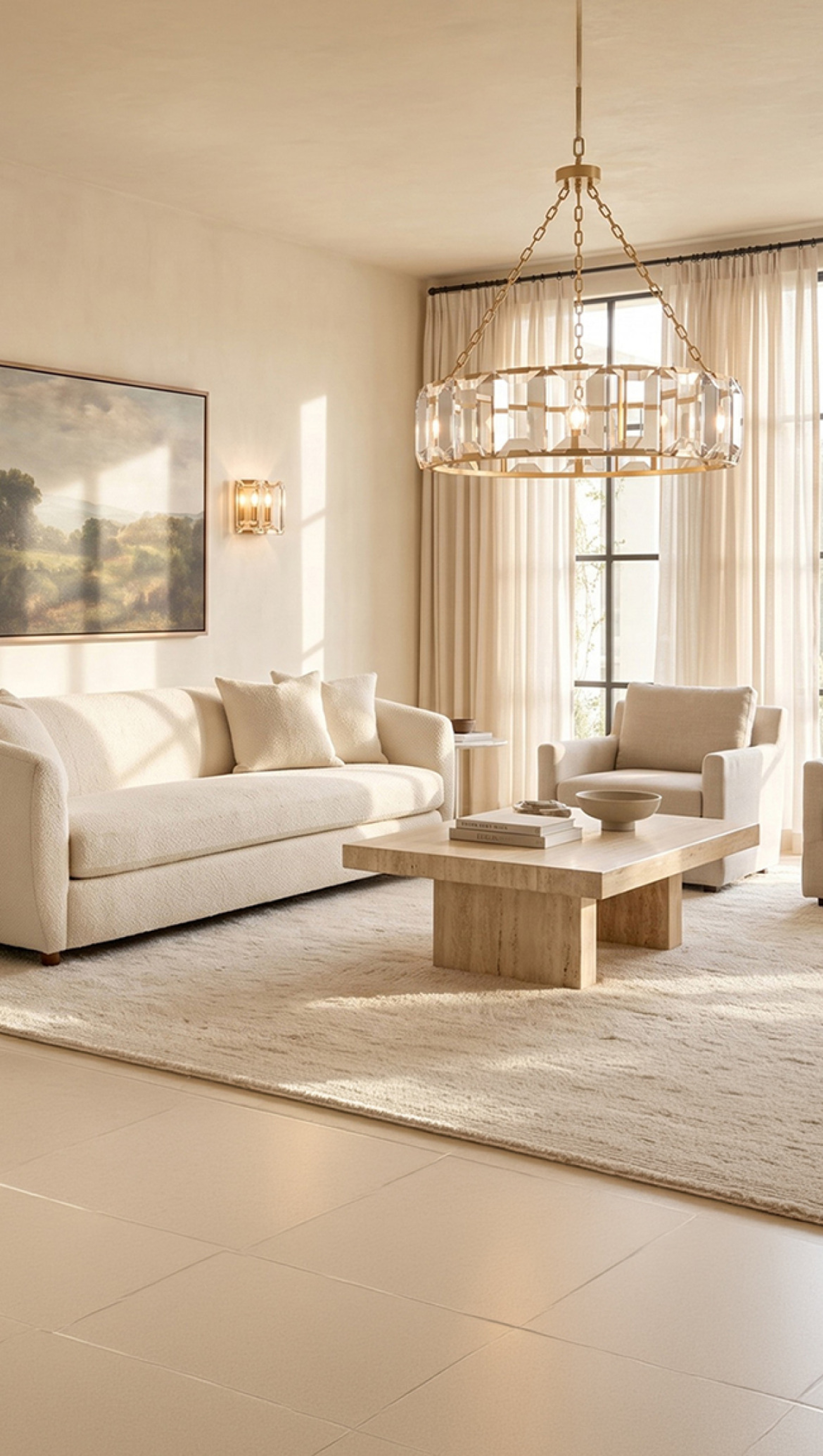 MOD LIGHTING Solara brass and crystal chandelier and sconces in a sunlit cream-toned living room