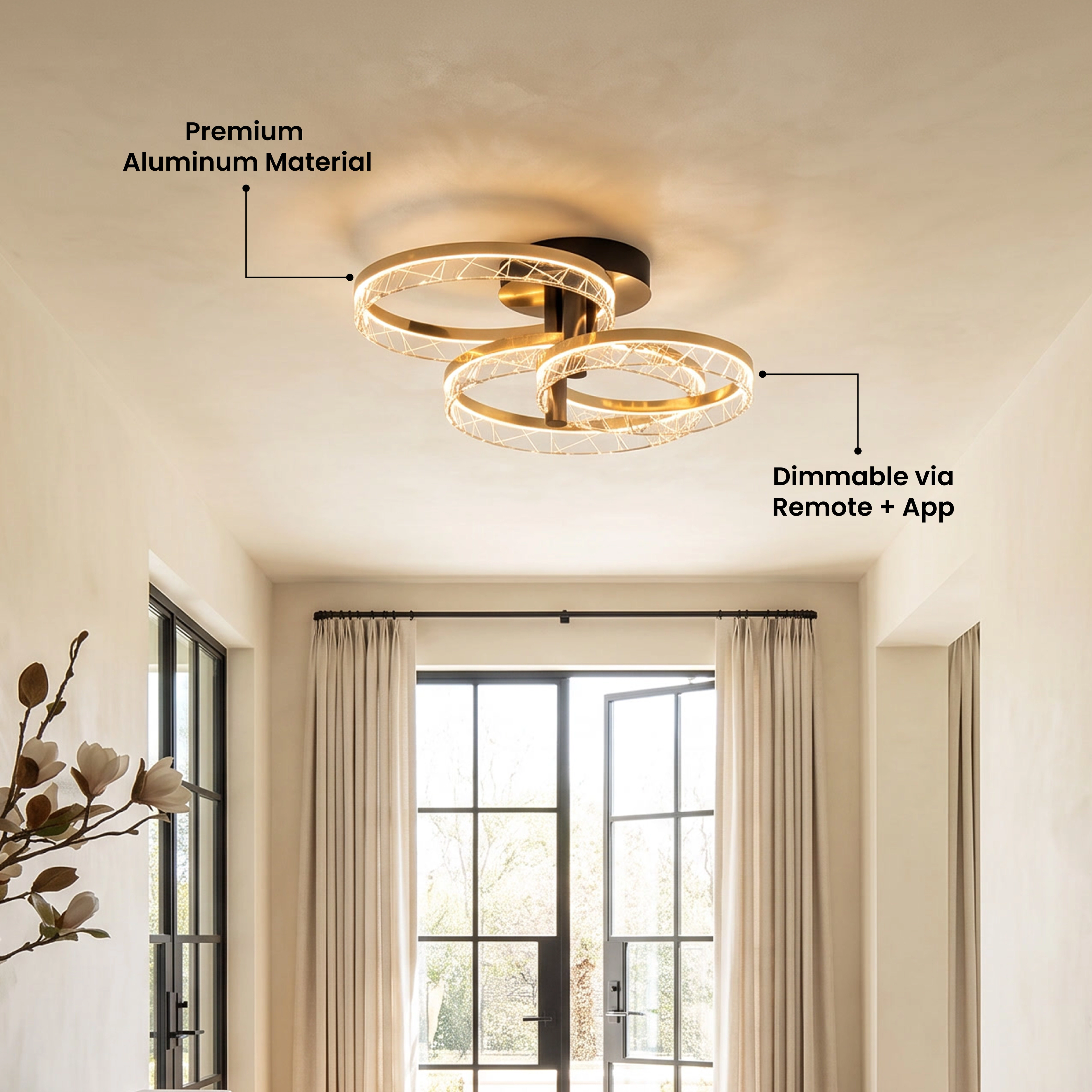 Clara Smart ceiling light with callouts for premium aluminum material and dimming by remote and app