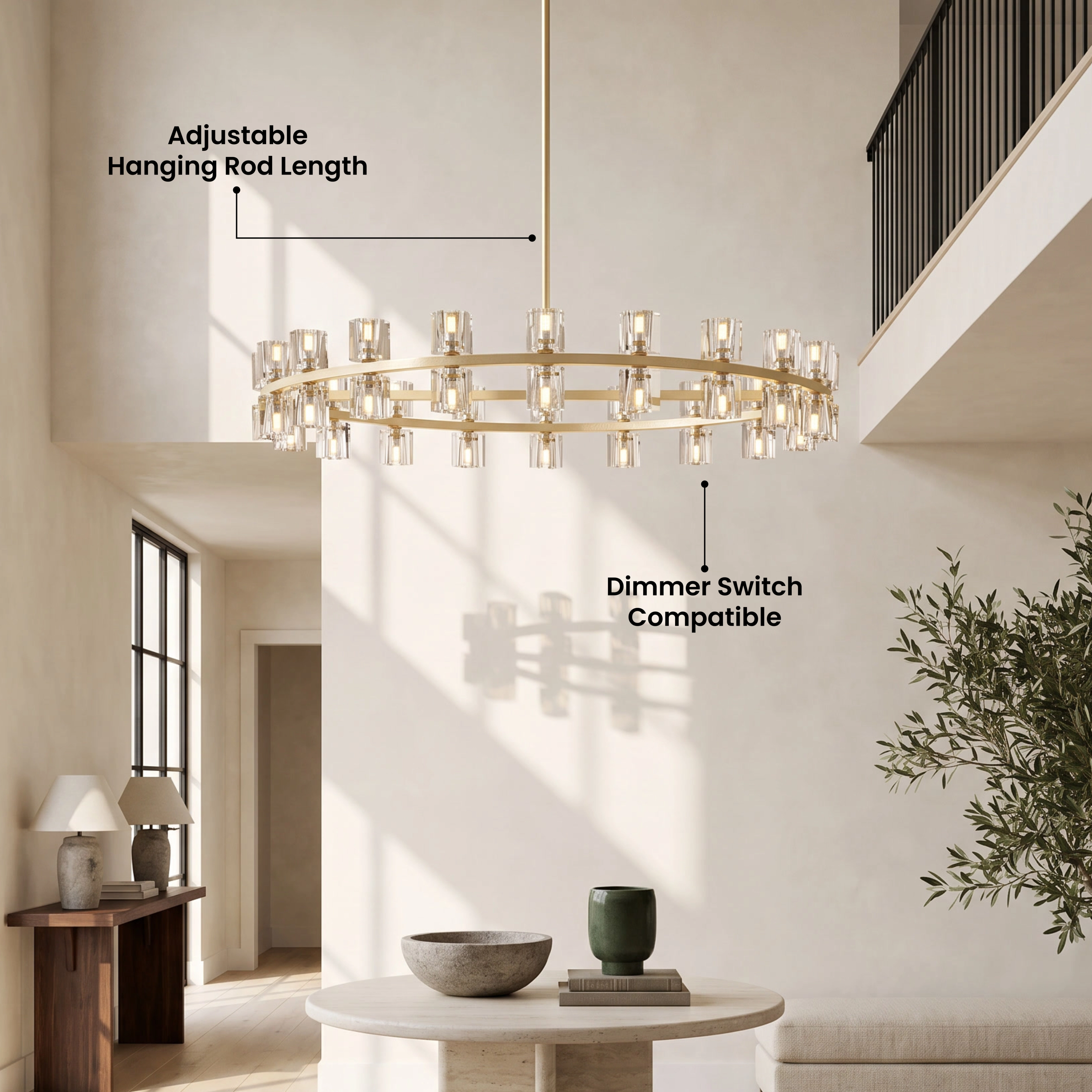 Sunrise brushed-gold ring chandelier with cube-cut crystal shades in a bright modern entryway