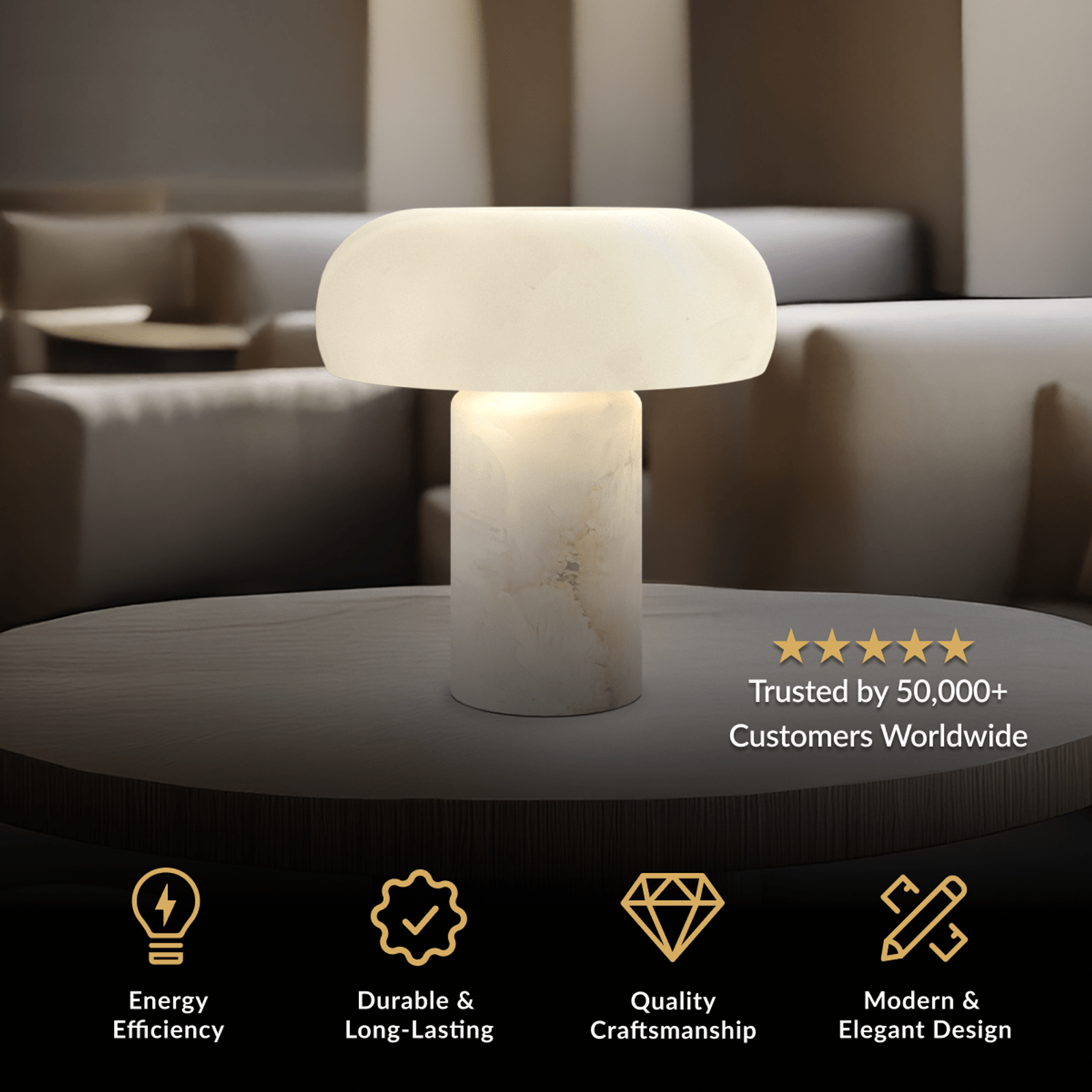 Ora Table Lamp, mushroom-form white alabaster shade on a cylindrical base, on a round side table