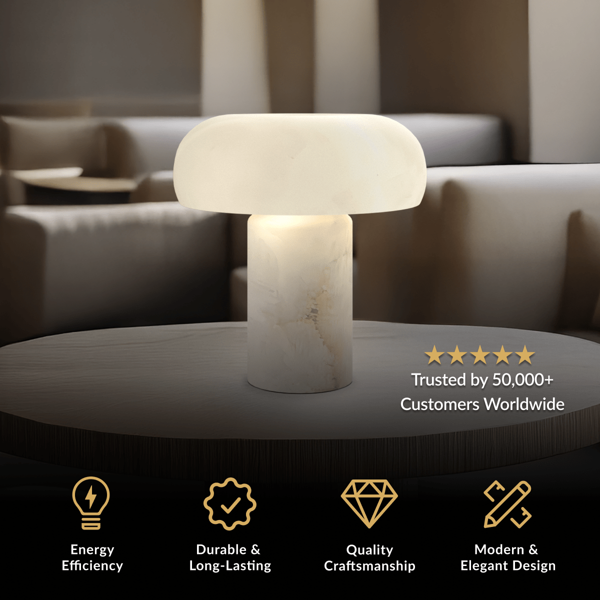 Ora Table Lamp, mushroom-form white alabaster shade on a cylindrical base, on a round side table