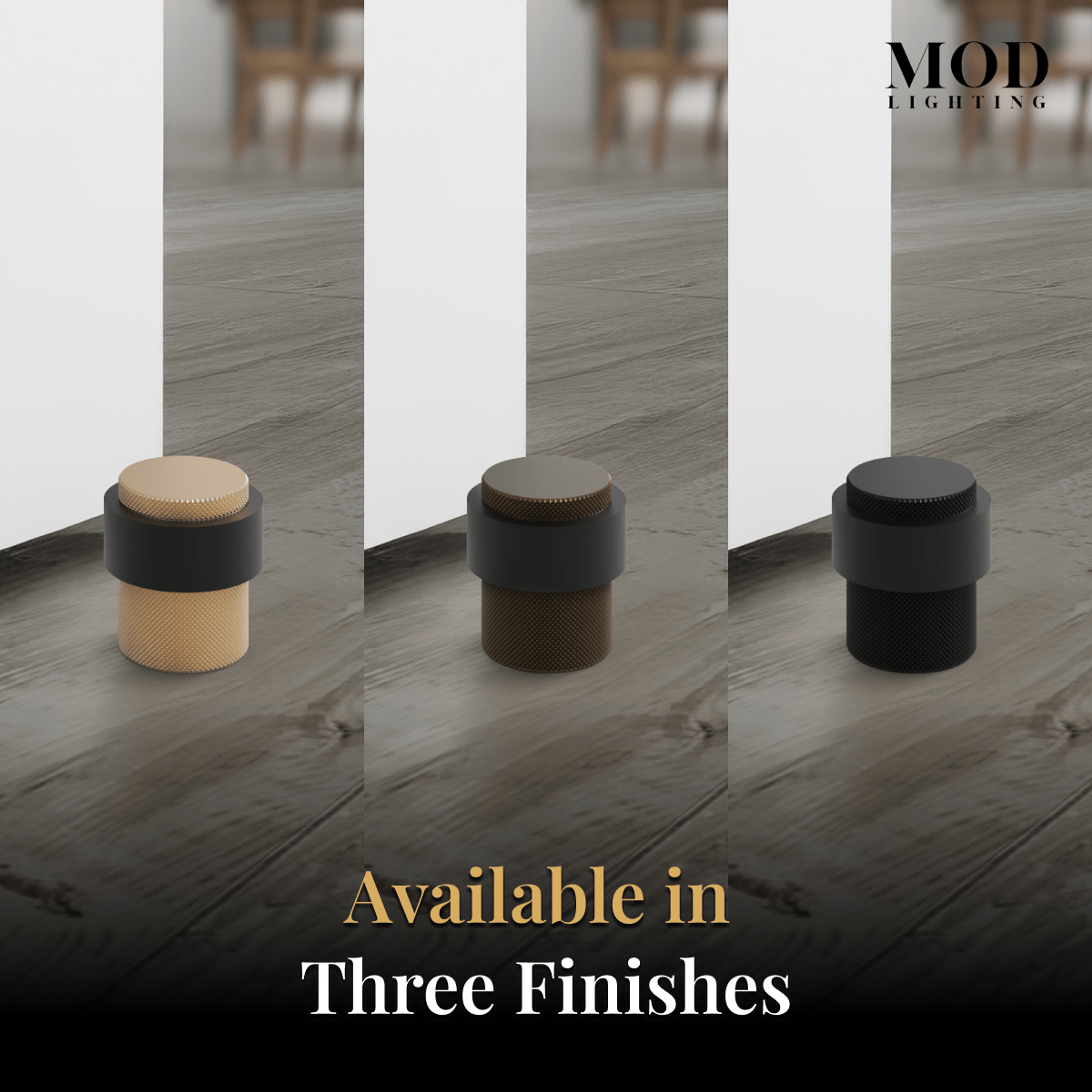 Enso door stop shown in its three finishes, brushed gold, antique brass and matte black, side by side