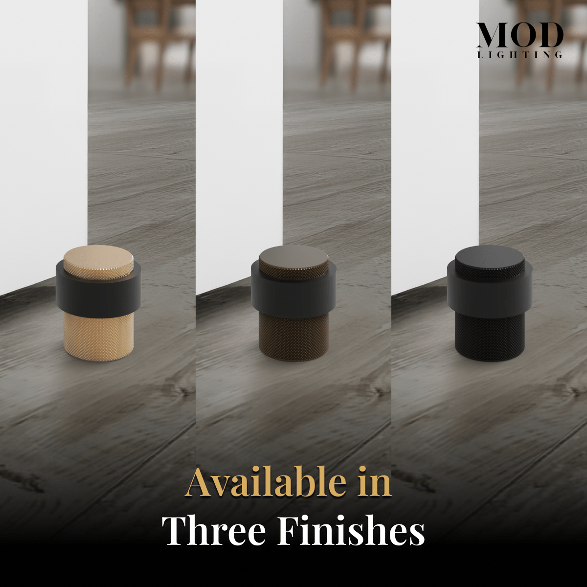Enso door stop shown in its three finishes, brushed gold, antique brass and matte black, side by side